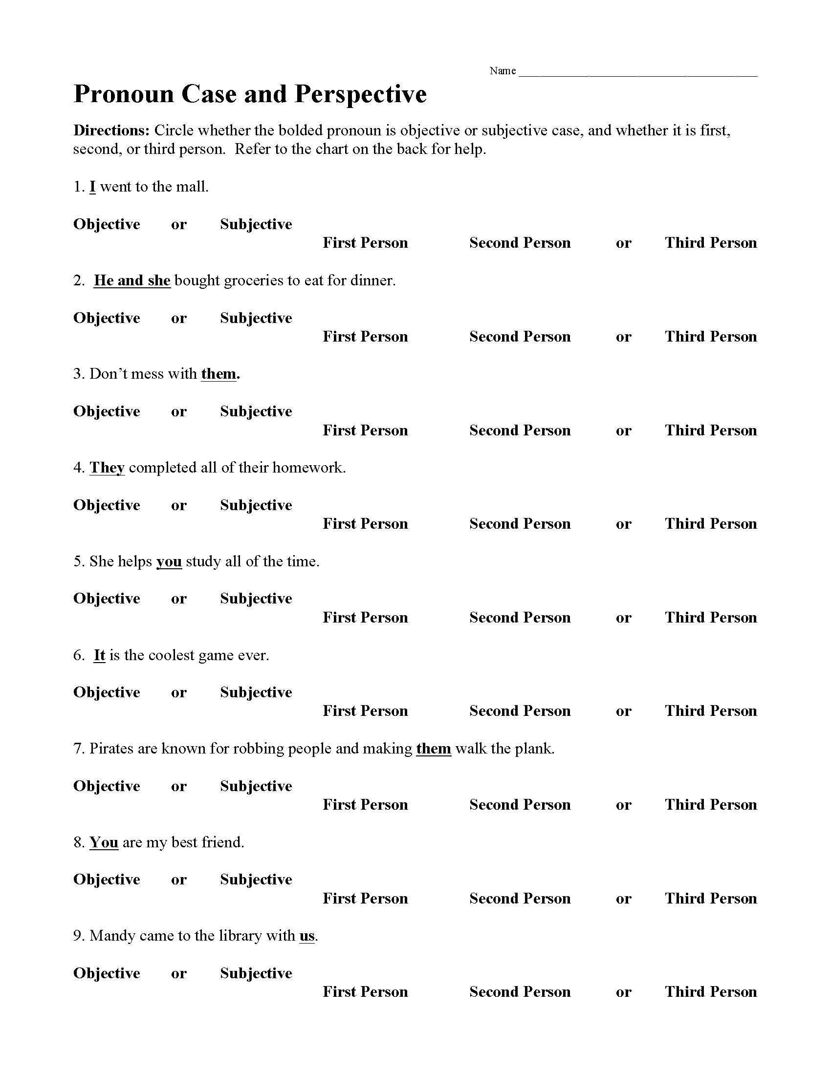 This is a preview image of the Pronoun Case and Perspective Worksheet .