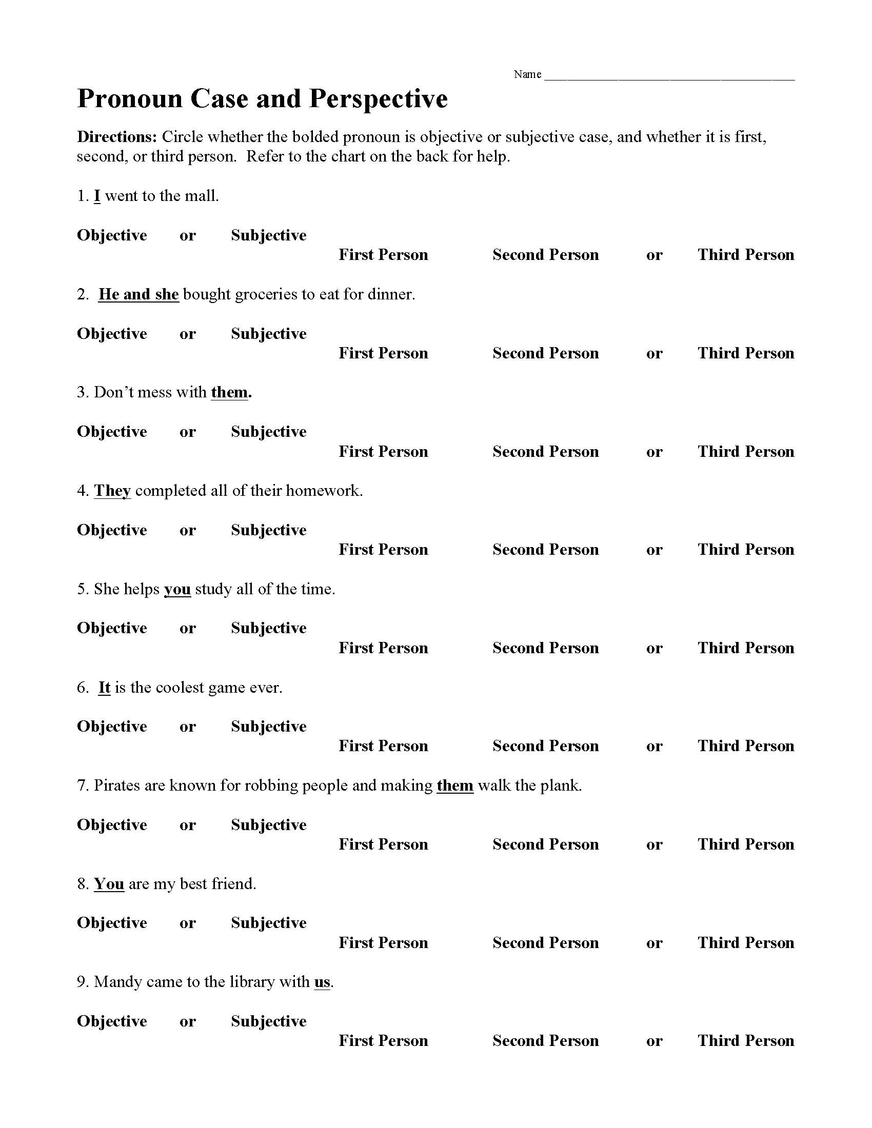 Pronoun Case And Perspective Worksheet Preview