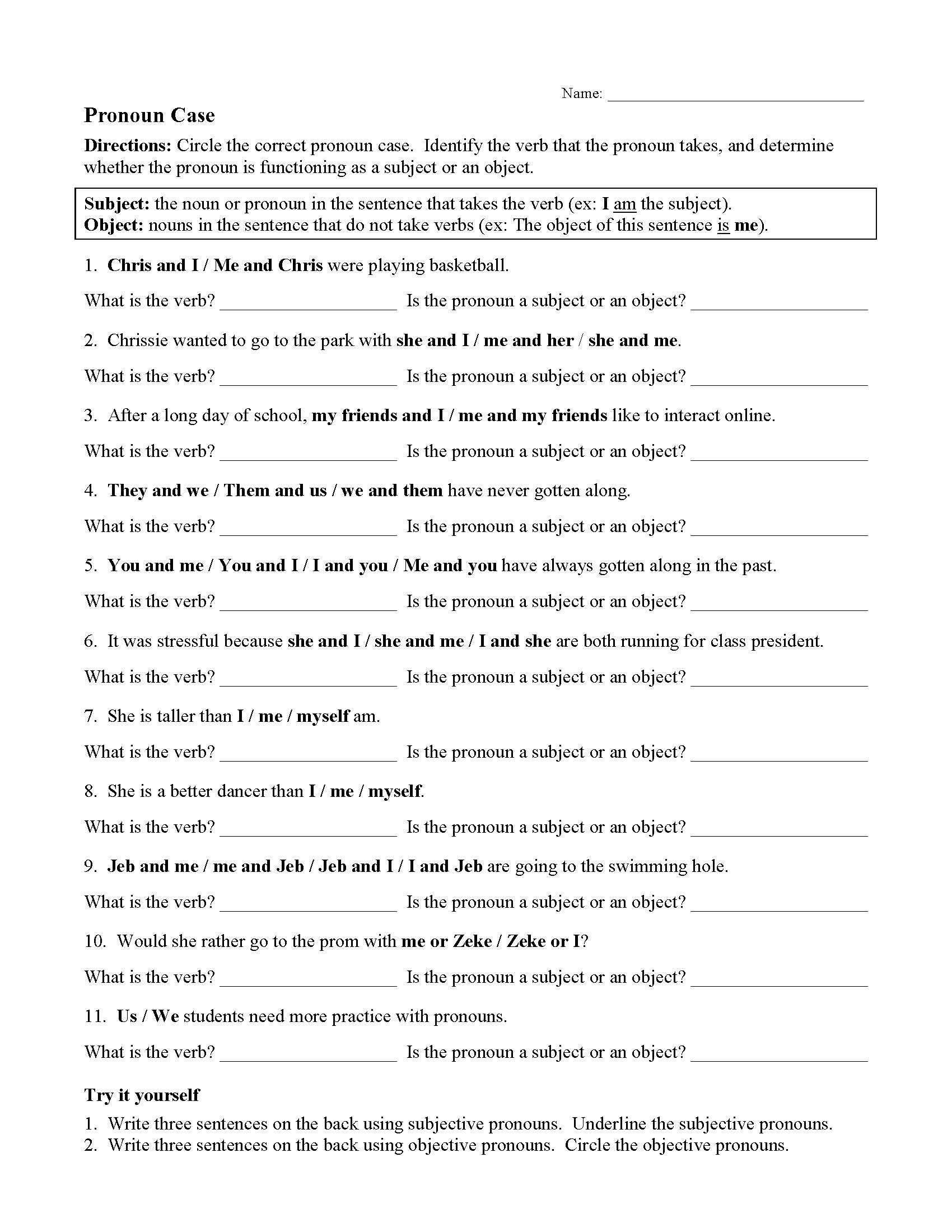 Worksheet 6 Pronoun Case