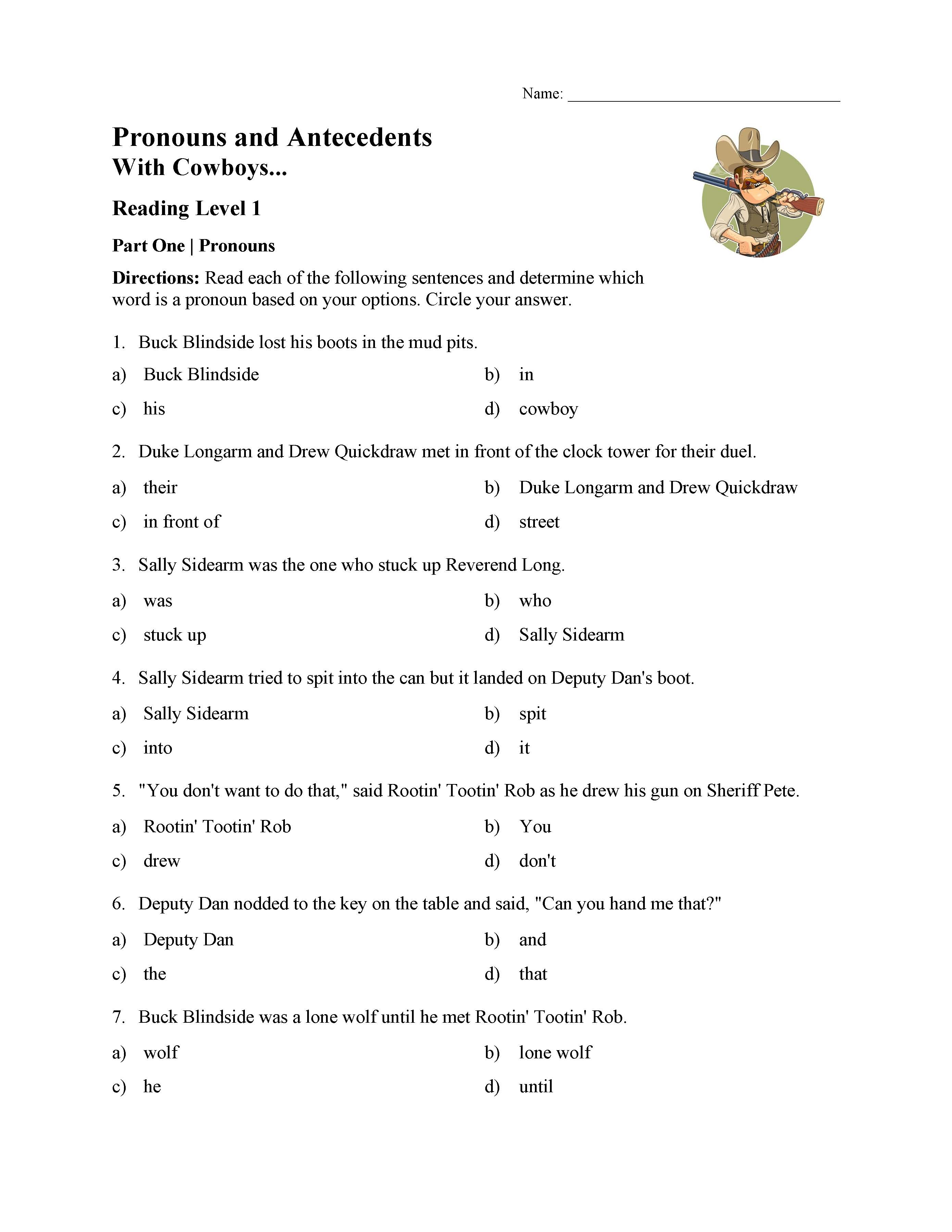 Pronoun and Antecedent Test - With Cowboys  Reading Level 11  Preview Regarding Pronouns And Antecedents Worksheet