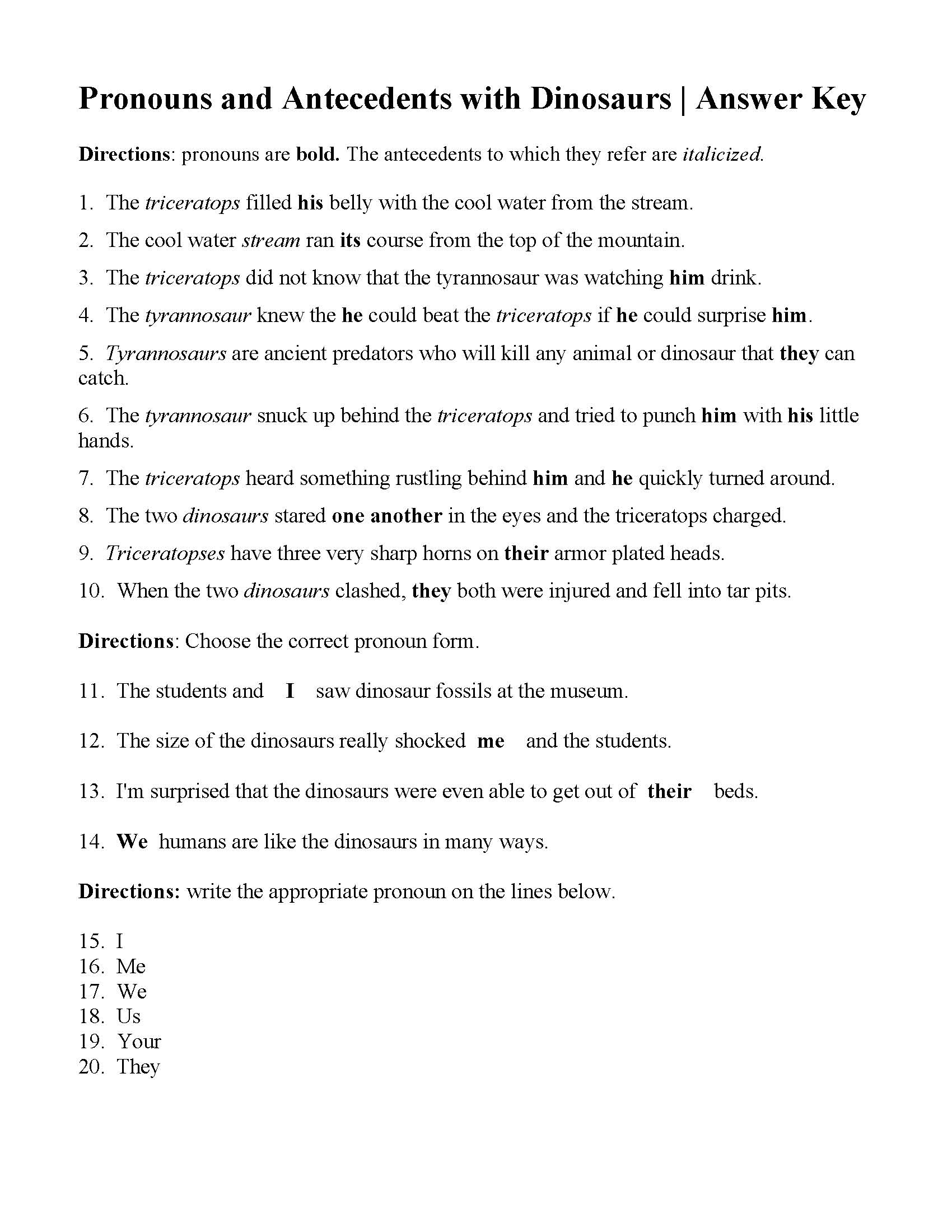 Pronouns and Antecedents with Dinosaurs  Answers Intended For Pronouns And Antecedents Worksheet