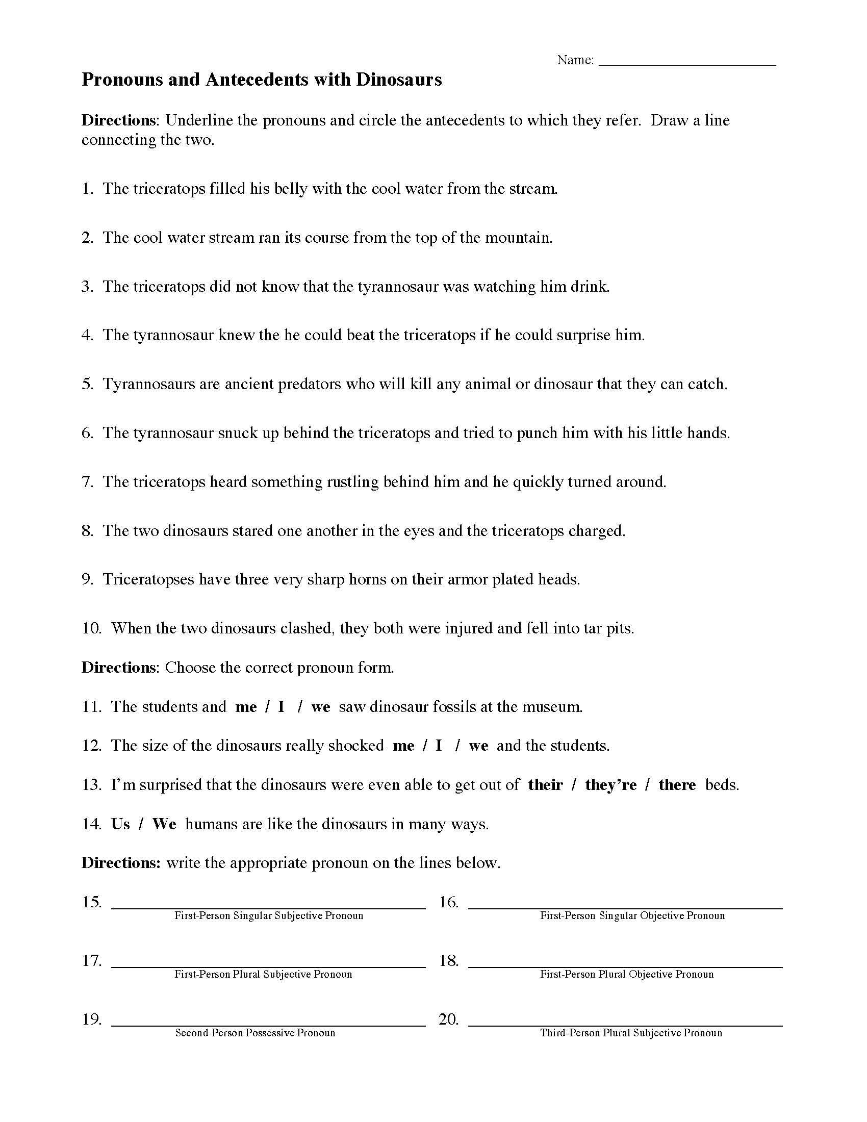 Pronouns and Antecedents with Dinosaurs  Preview With Pronouns And Antecedents Worksheet