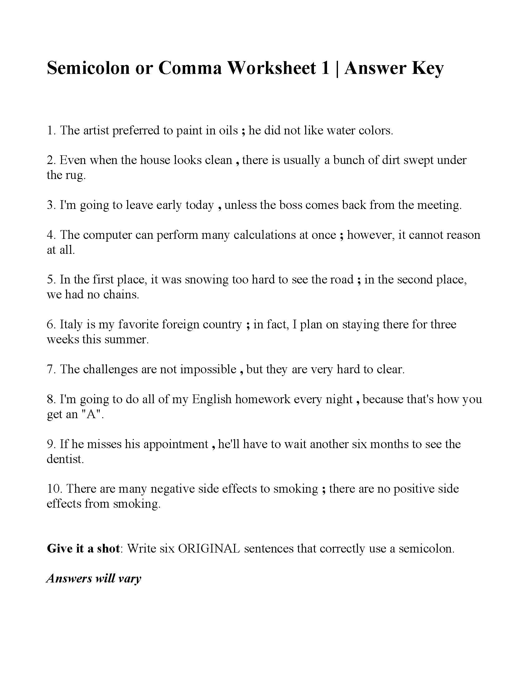 Commas or Semicolons Worksheet 11  Answers Throughout Semicolons And Colons Worksheet