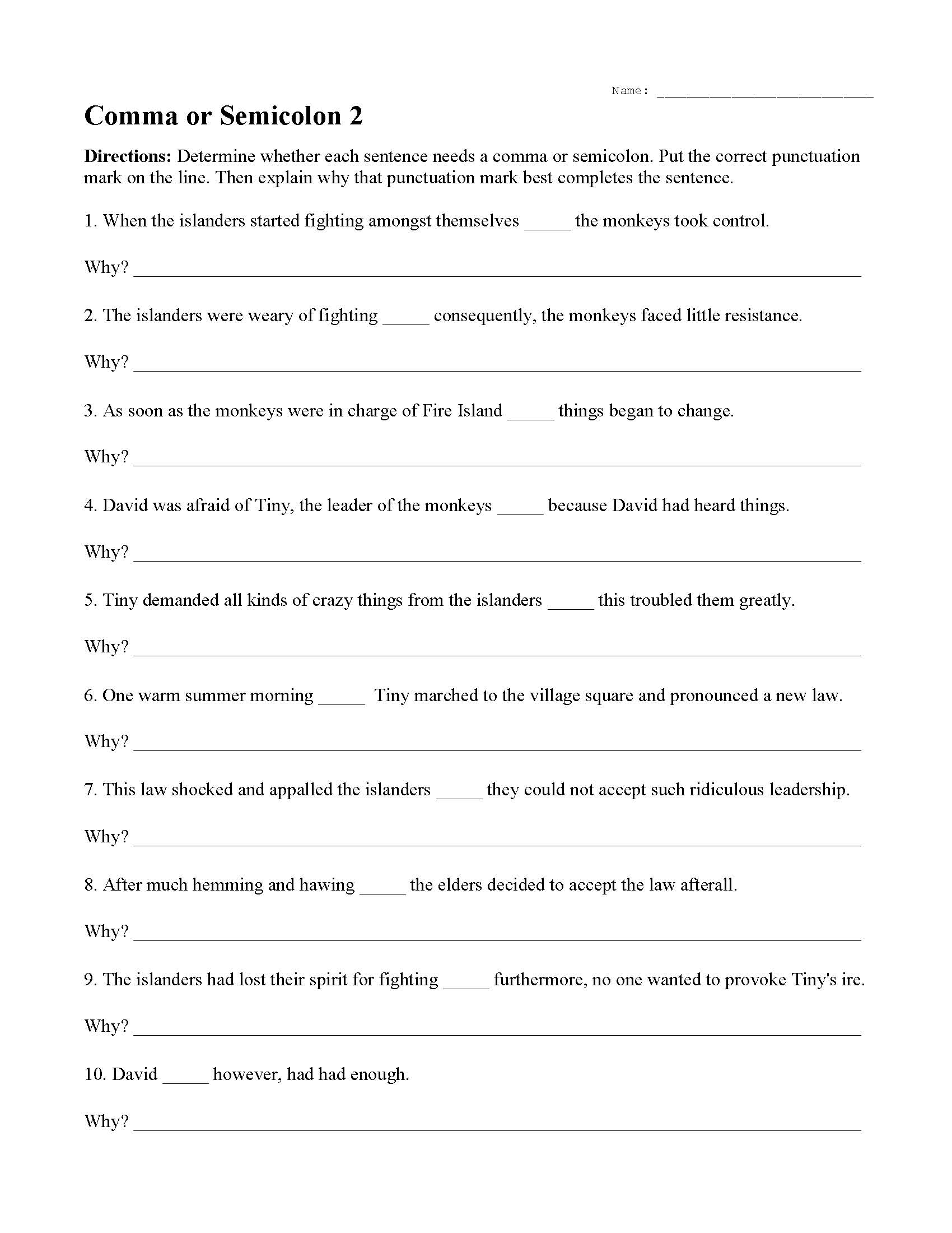 Semicolon Worksheet With Answers Worksheets For Kindergarten