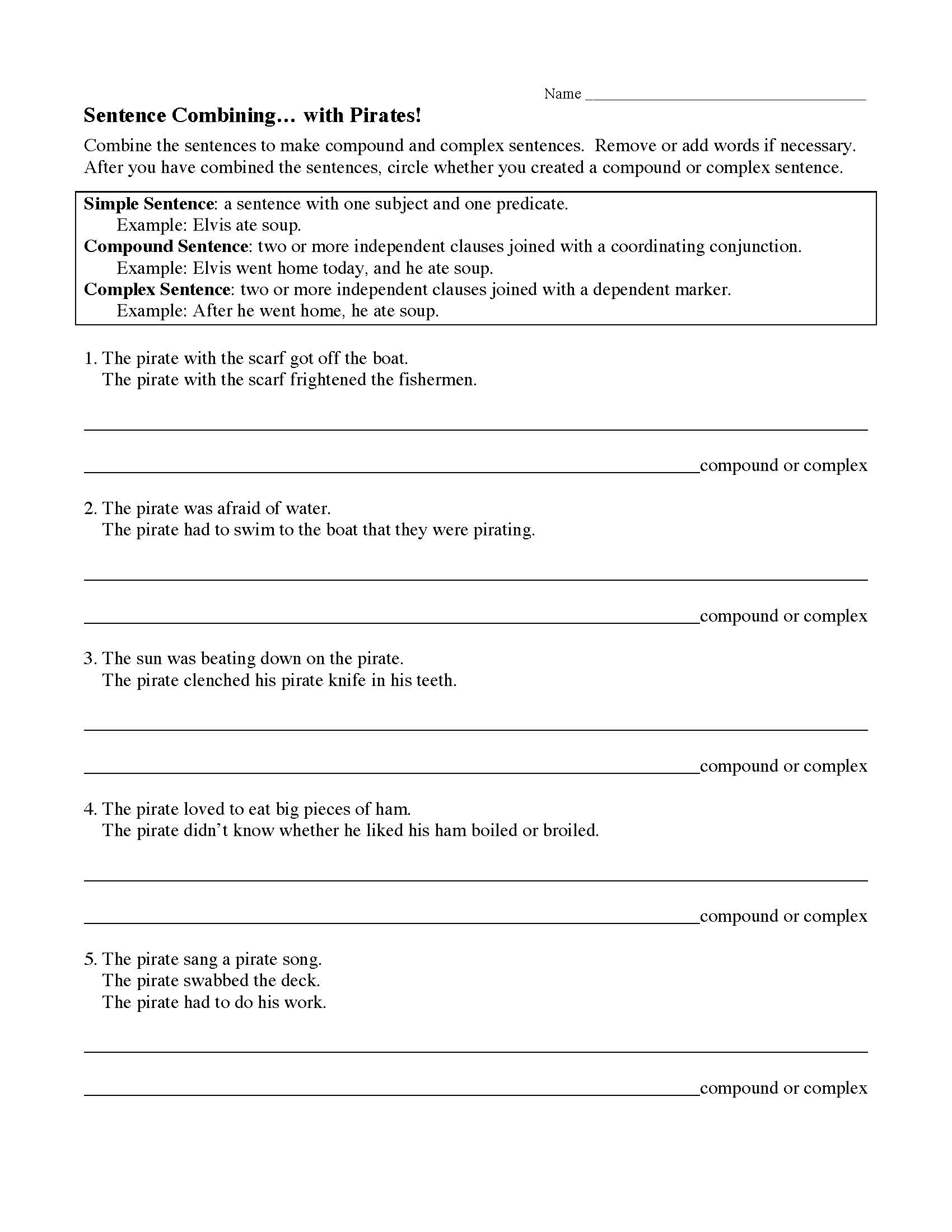 Sentences Combining with Pirates Worksheet  Preview For Compound Sentences Worksheet Pdf