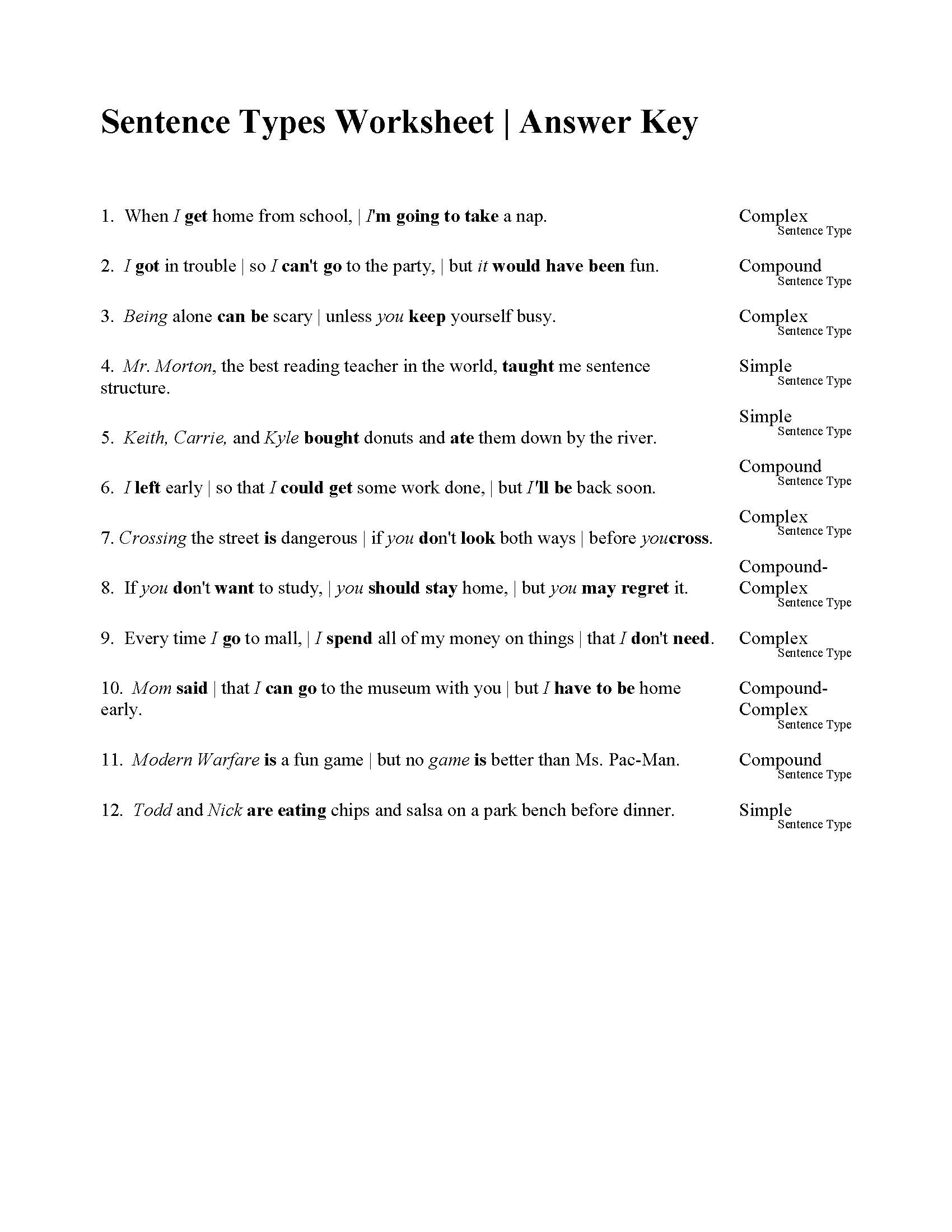 Sentences Types Worksheet Answers