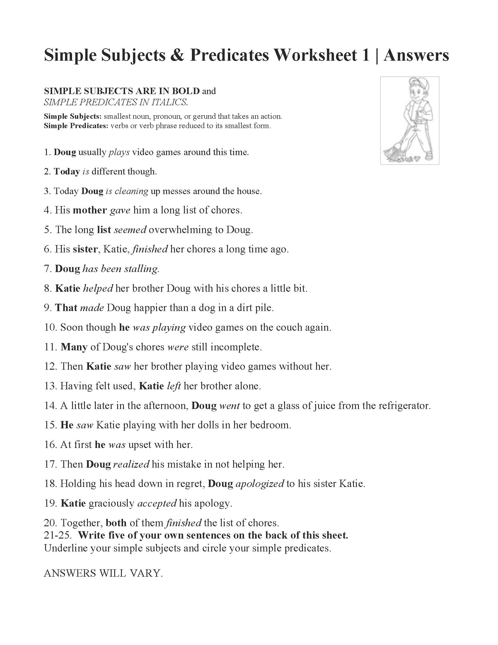 Simple Subject Worksheets Worksheets For Kindergarten