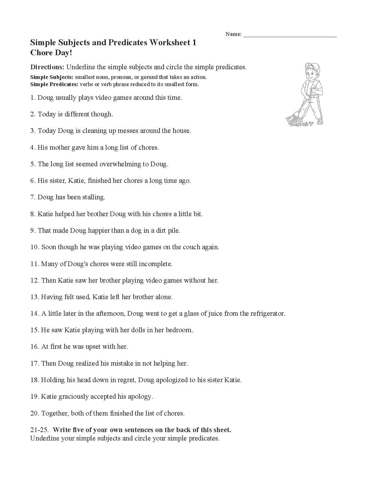 This is a preview image of Simple Subjects and Predicates Worksheet 1 . Click on it to enlarge it or view the source file.