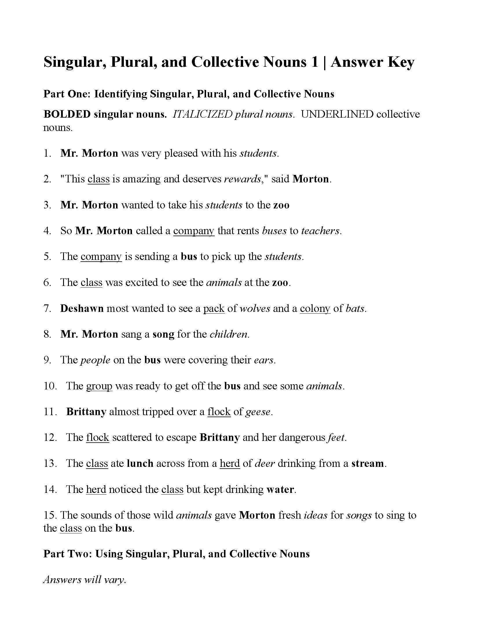 Singular Plural And Collective Nouns Worksheet At The Zoo Parts Of Speech Activity
