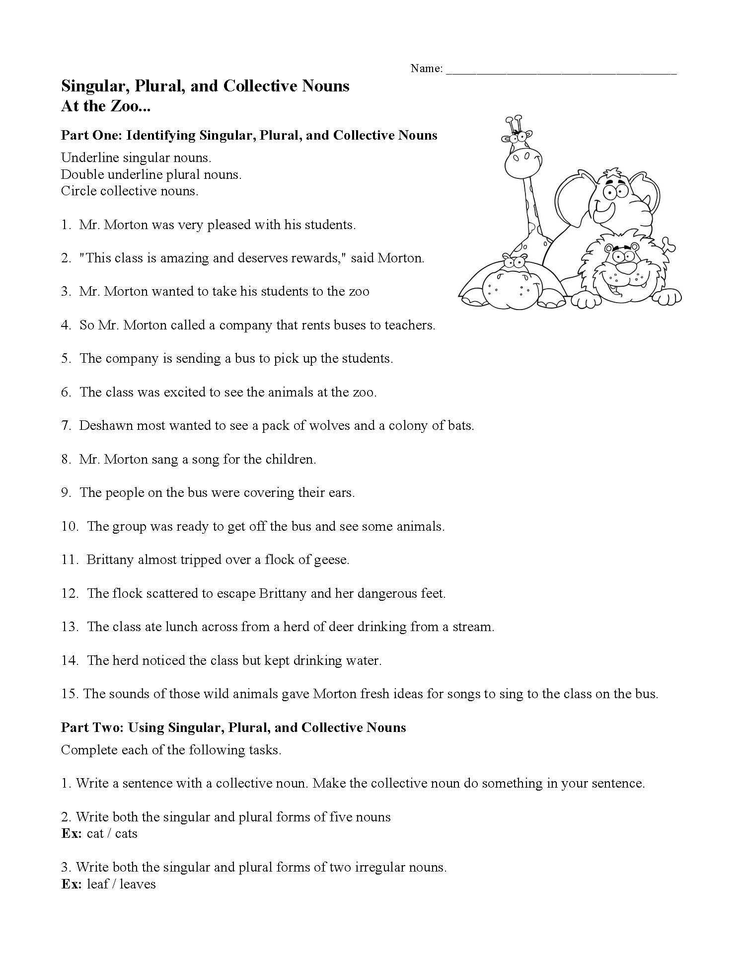Singular Plural And Collective Nouns Worksheet At The Zoo 