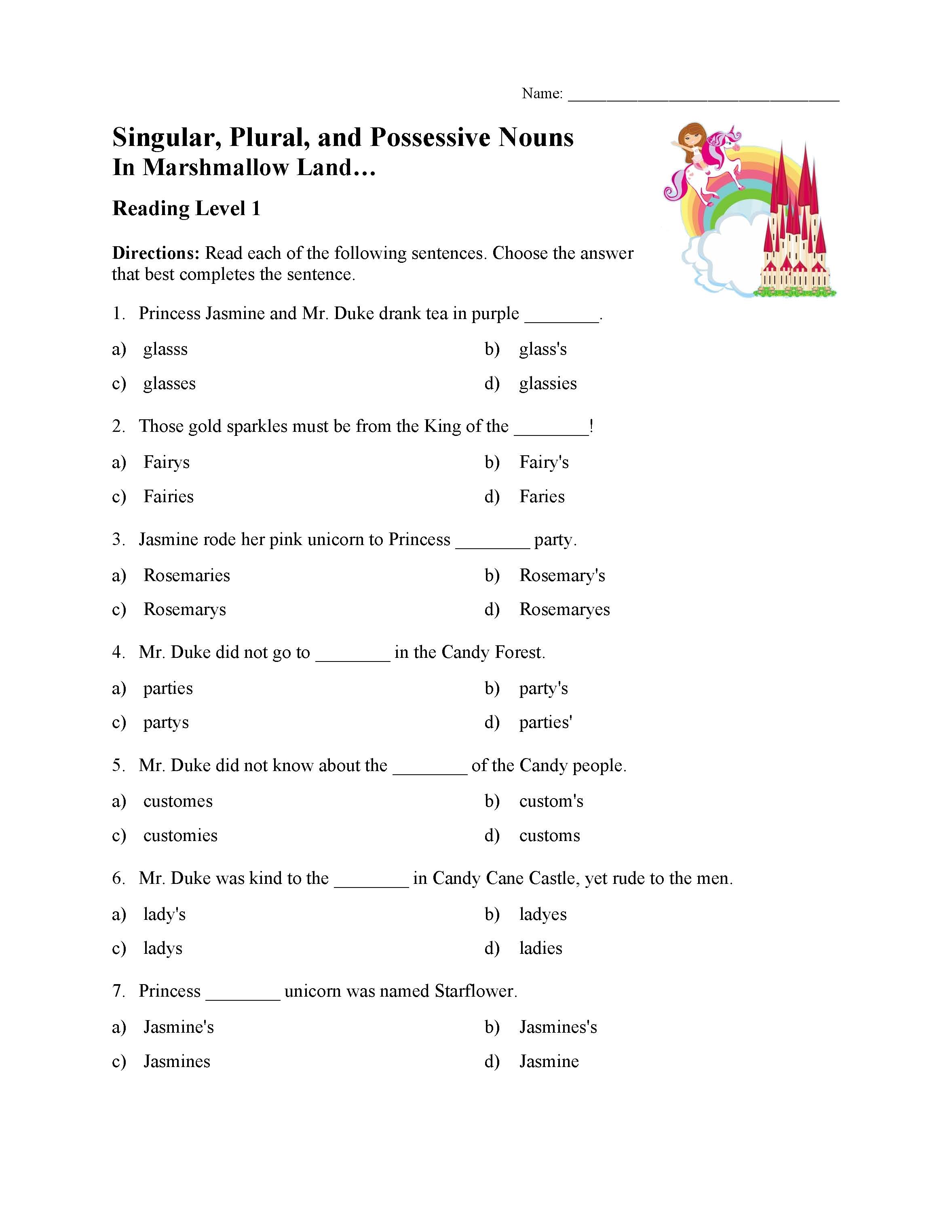 This is a preview image of the Singular, Plural, and Possessive Nouns Test 1 | Reading Level 1.