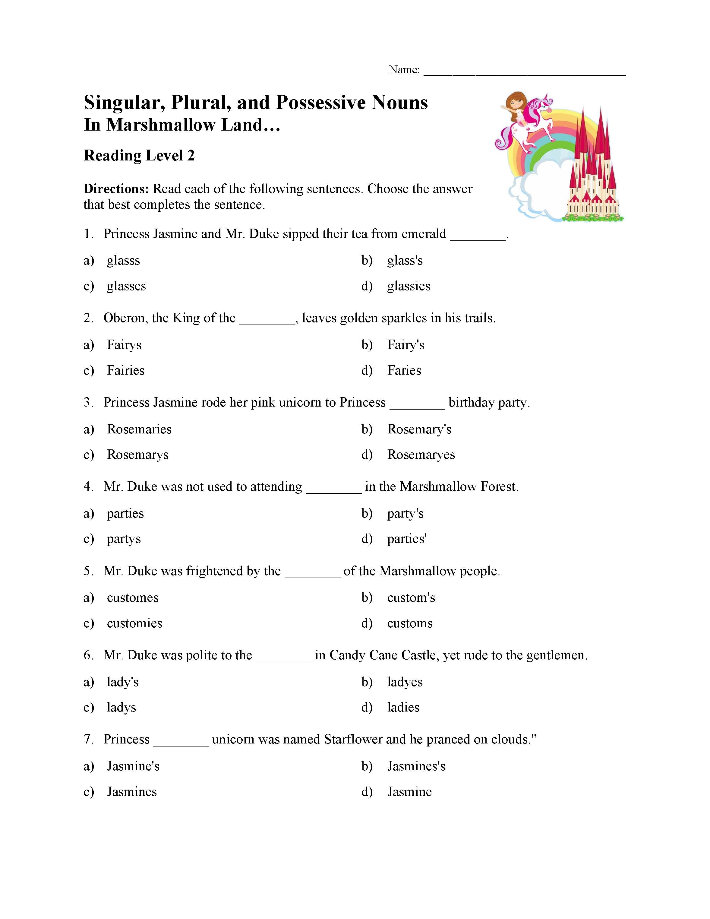 Singular, Plural, and Possessive Nouns Test 2222  Reading Level 22 In Singular Possessive Nouns Worksheet