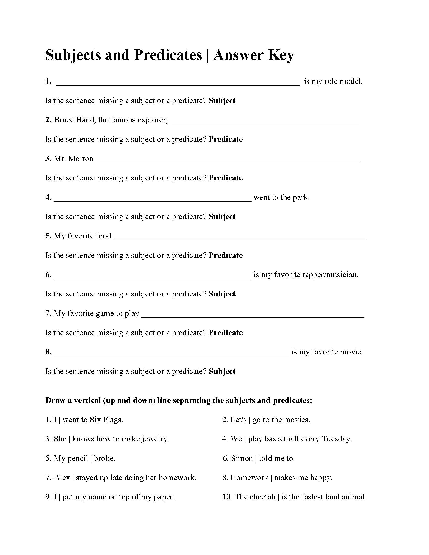 This is a preview image of Subjects and Predicates Worksheet 1. Click on it to enlarge it or view the source file.
