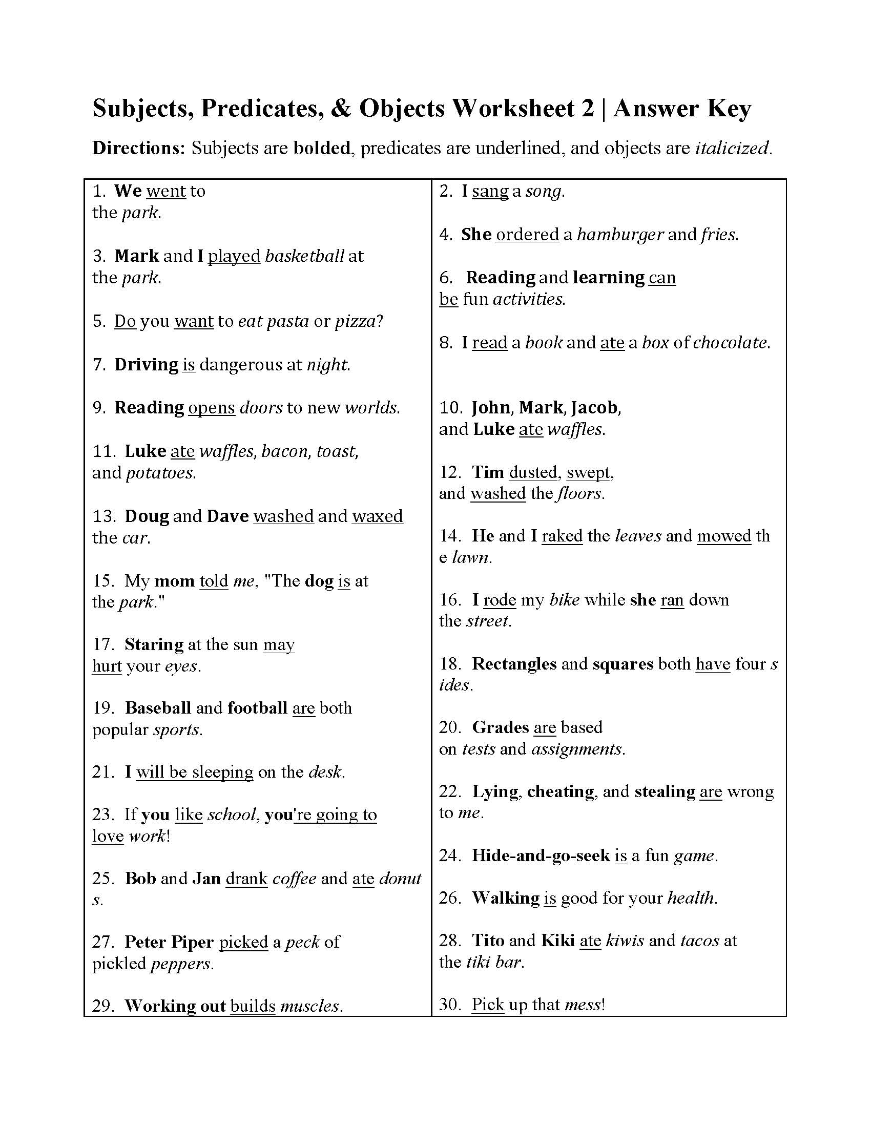 Subject Predicate Worksheet Pdf