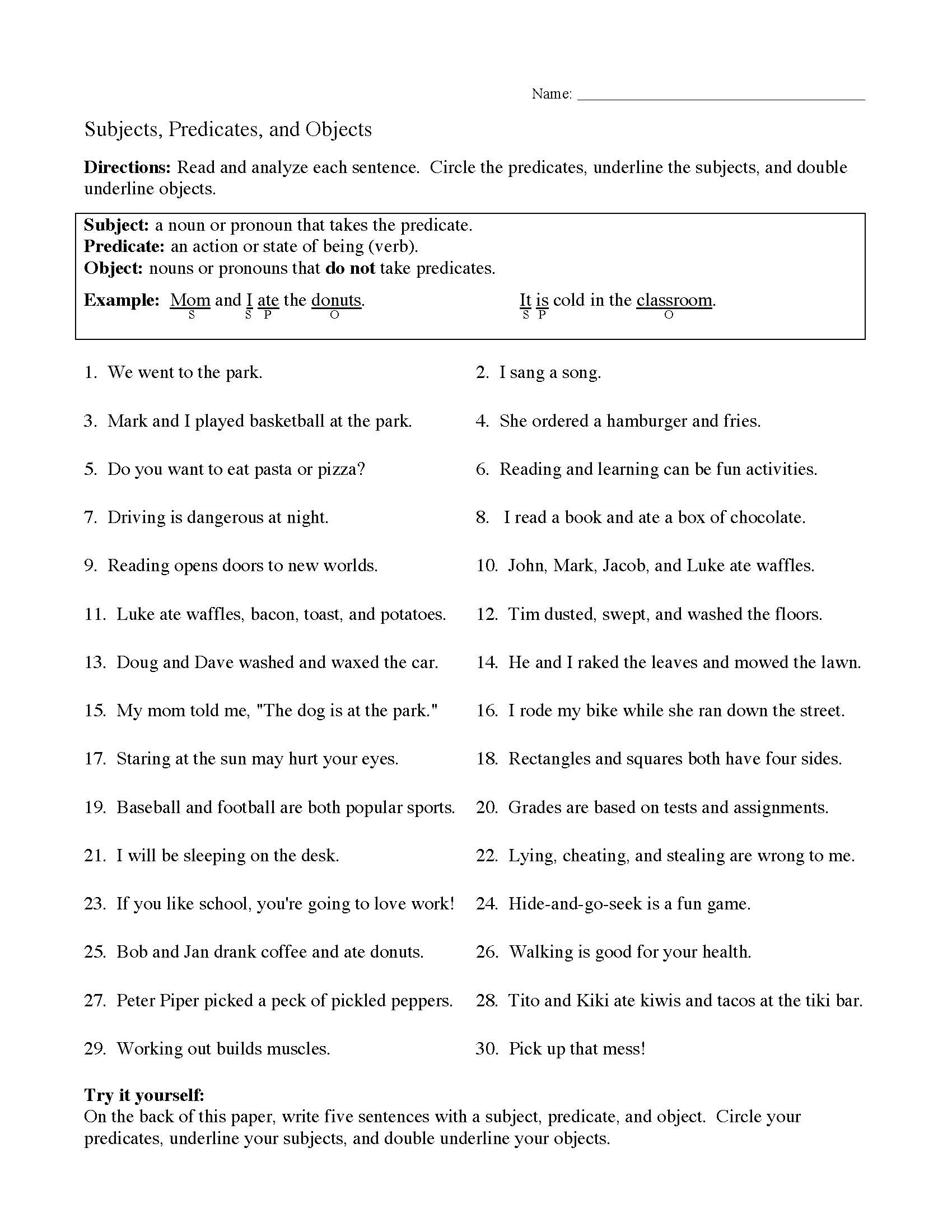 This is a preview image of Subjects, Predicates, and Objects Worksheet. Click on it to enlarge it or view the source file.