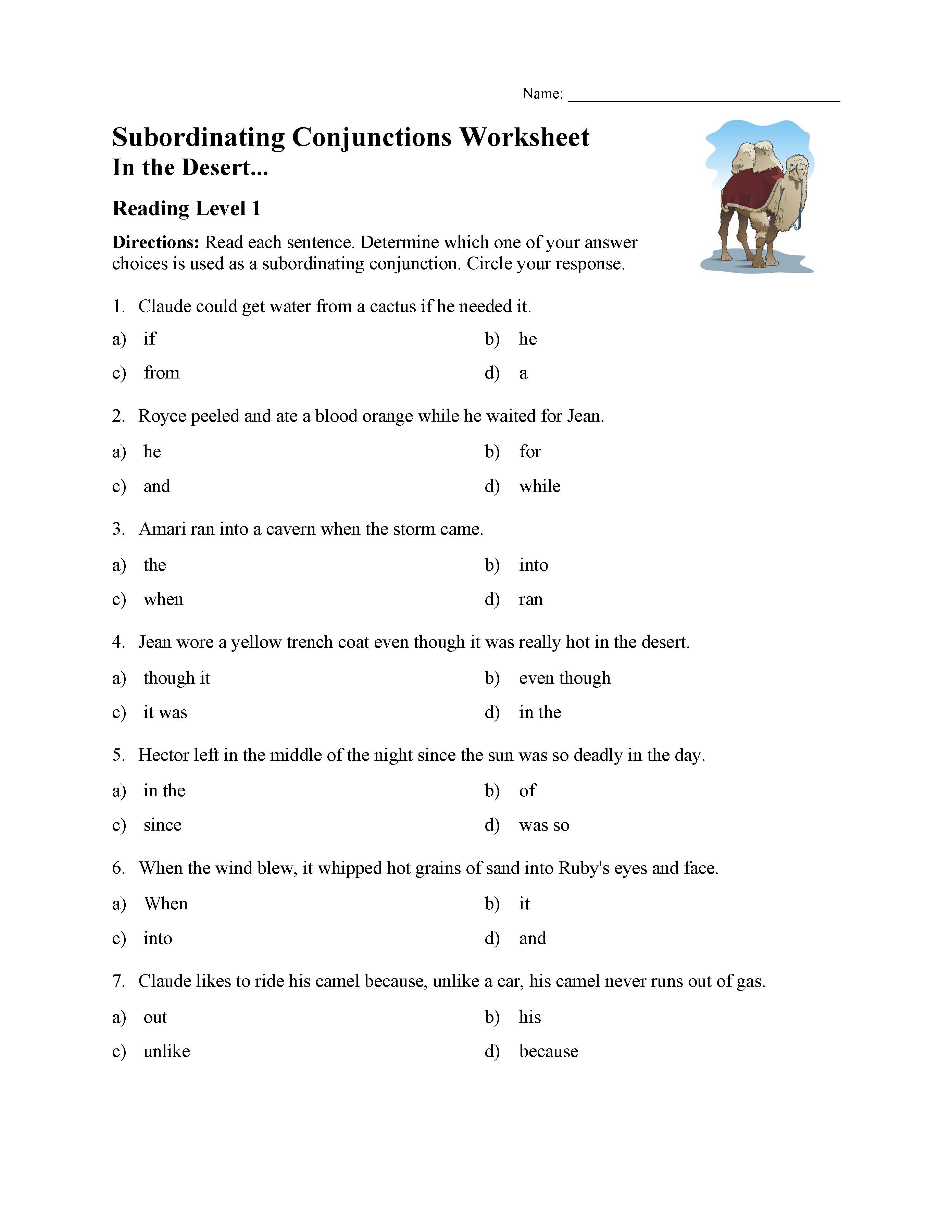 This is a preview image of the Subordinating Conjunctions Worksheet - Reading Level 1.