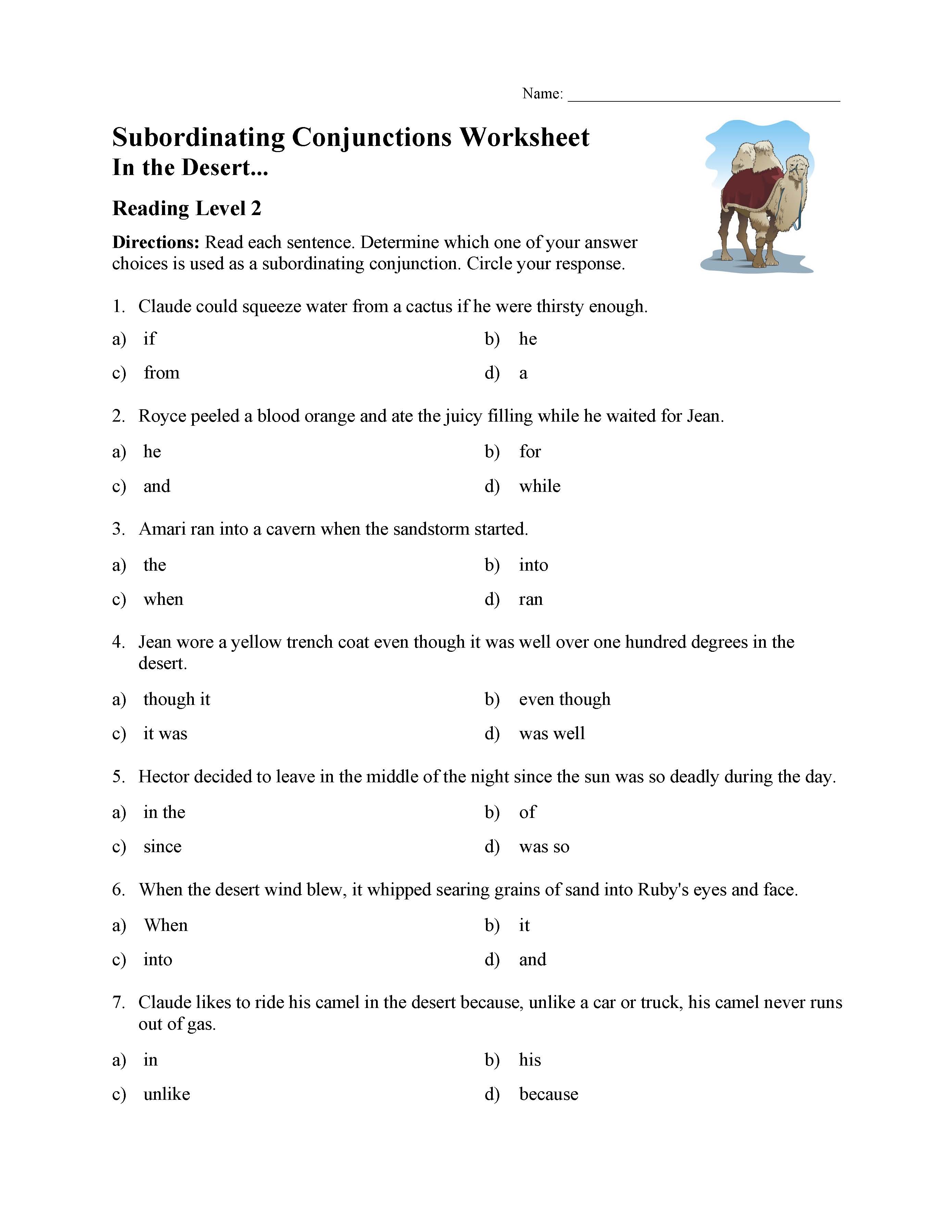 This is a preview image of the Subordinating Conjunctions Worksheet - Reading Level 2.