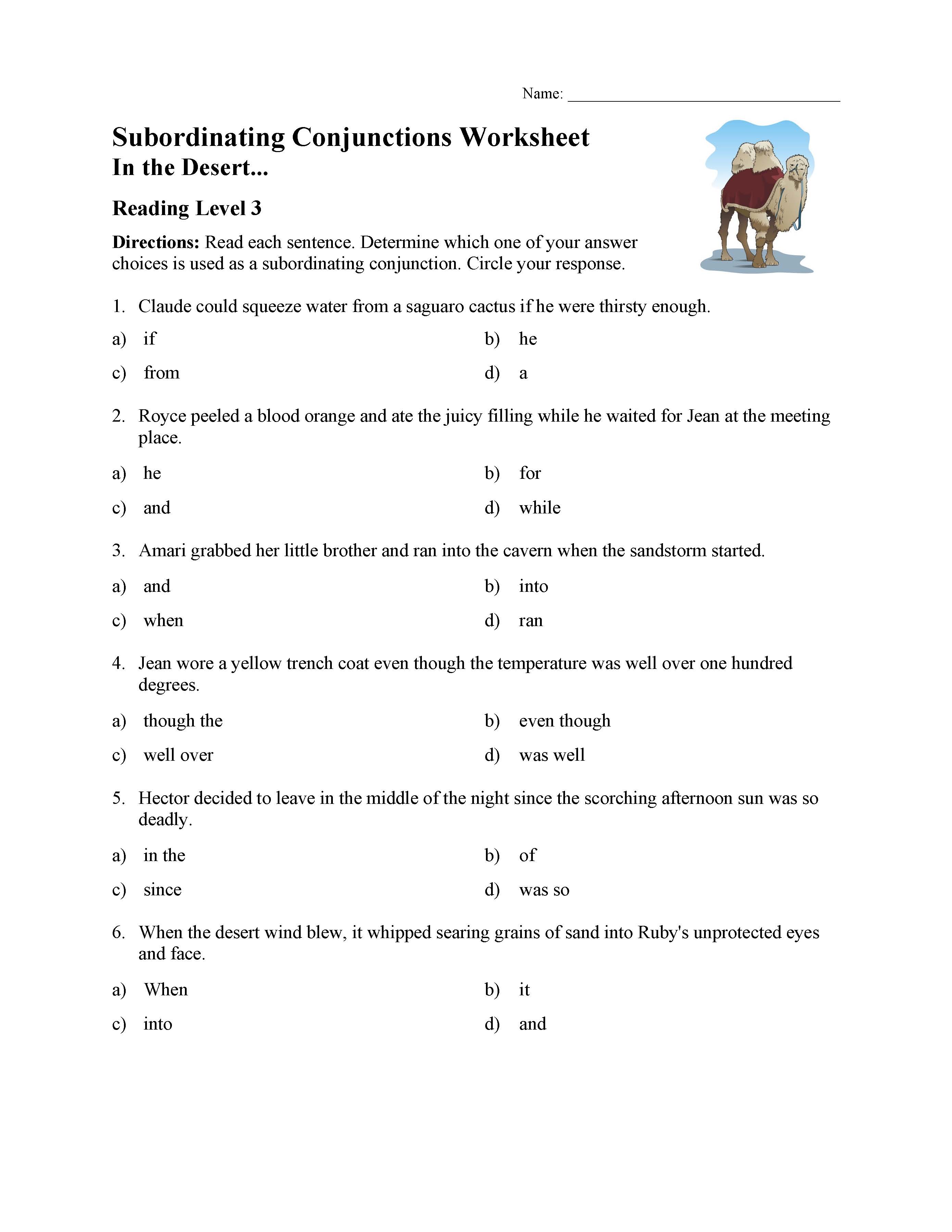 This is a preview image of the Subordinating Conjunctions Worksheet - Reading Level 3.