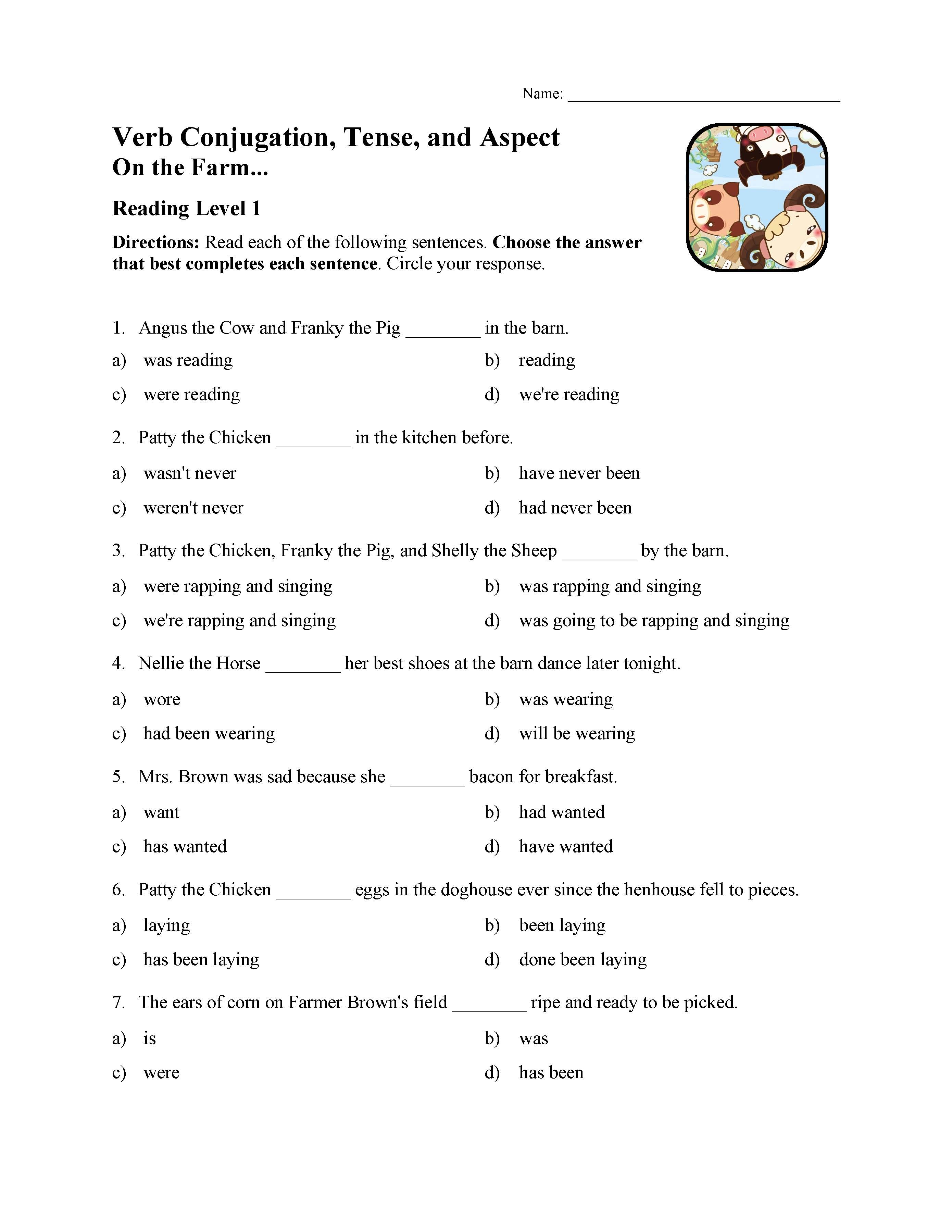 Verb Conjugation Tense And Aspect Test On The Farm Reading Level 1 Preview