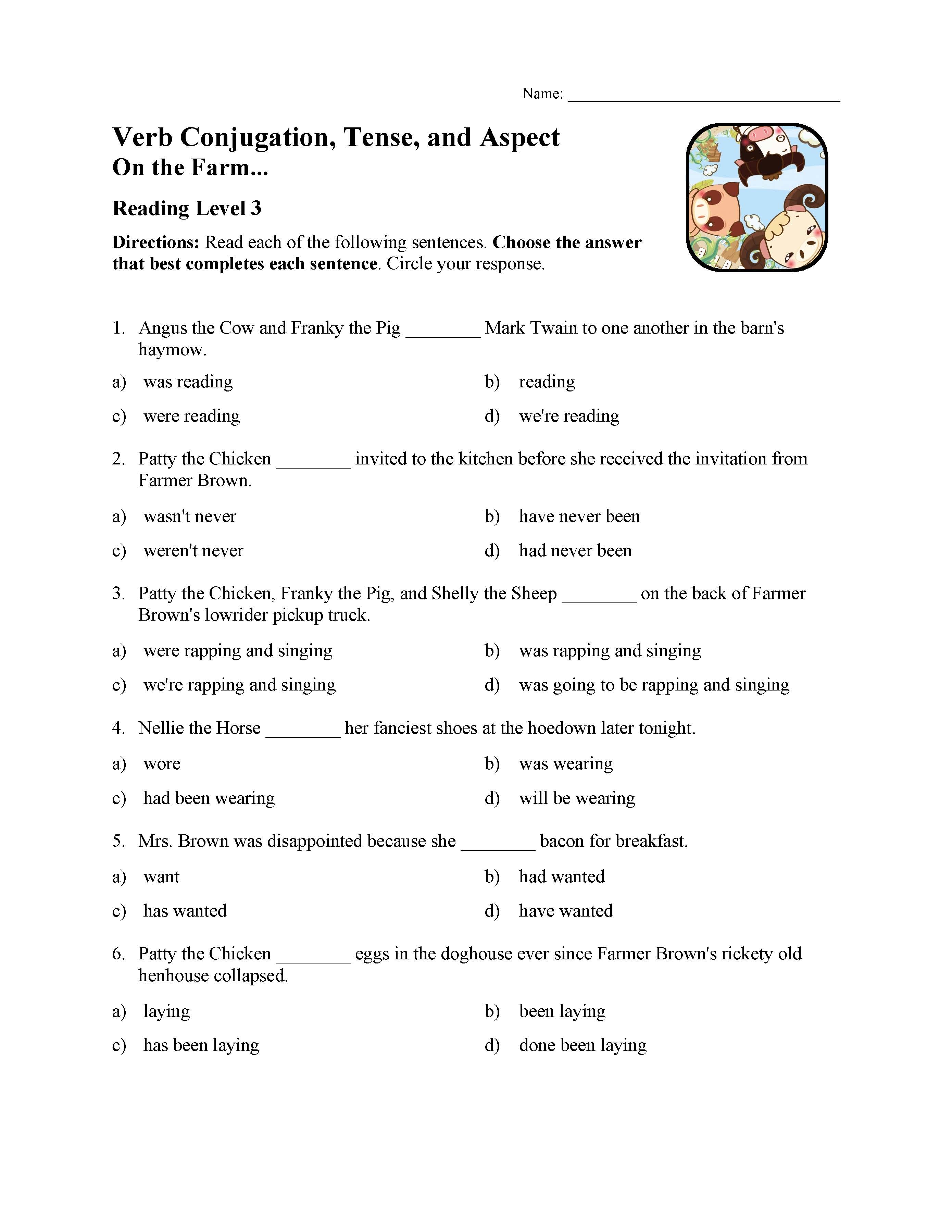 This is a preview image of the Verb Conjugation, Tense, and Aspect Test - On the Farm | Reading Level 3.