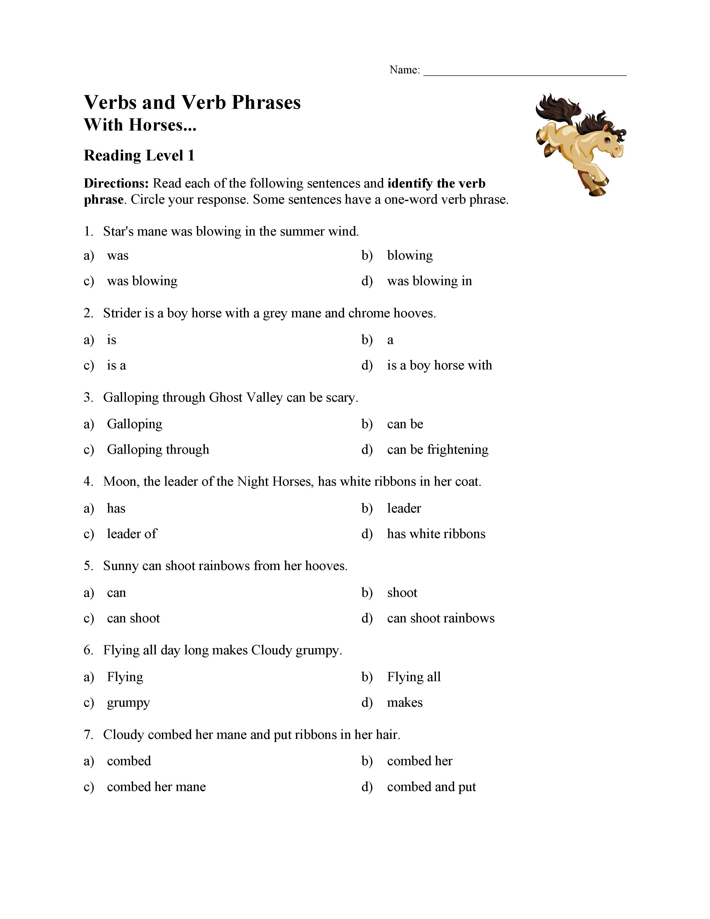 This is a preview image of the Verb Phrases Test - With Horses | Reading Level 1.
