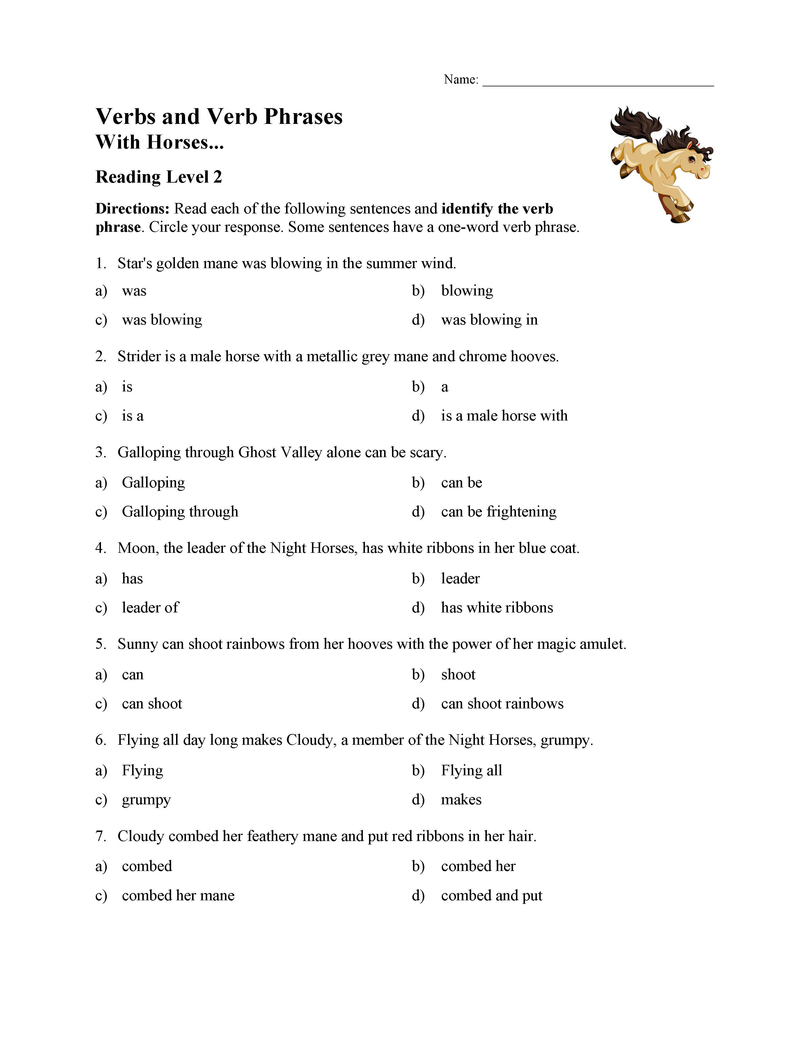 Verb Phrases Test With Horses Reading Level 2 Preview