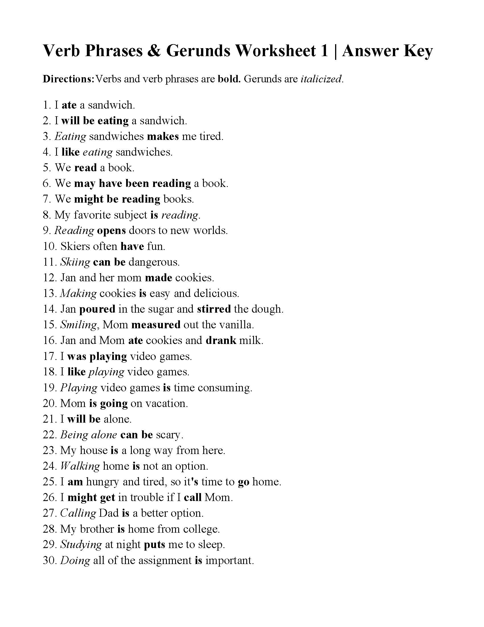 This is the answer key for the Verbs, Verbs of Being, and Gerunds Worksheet .