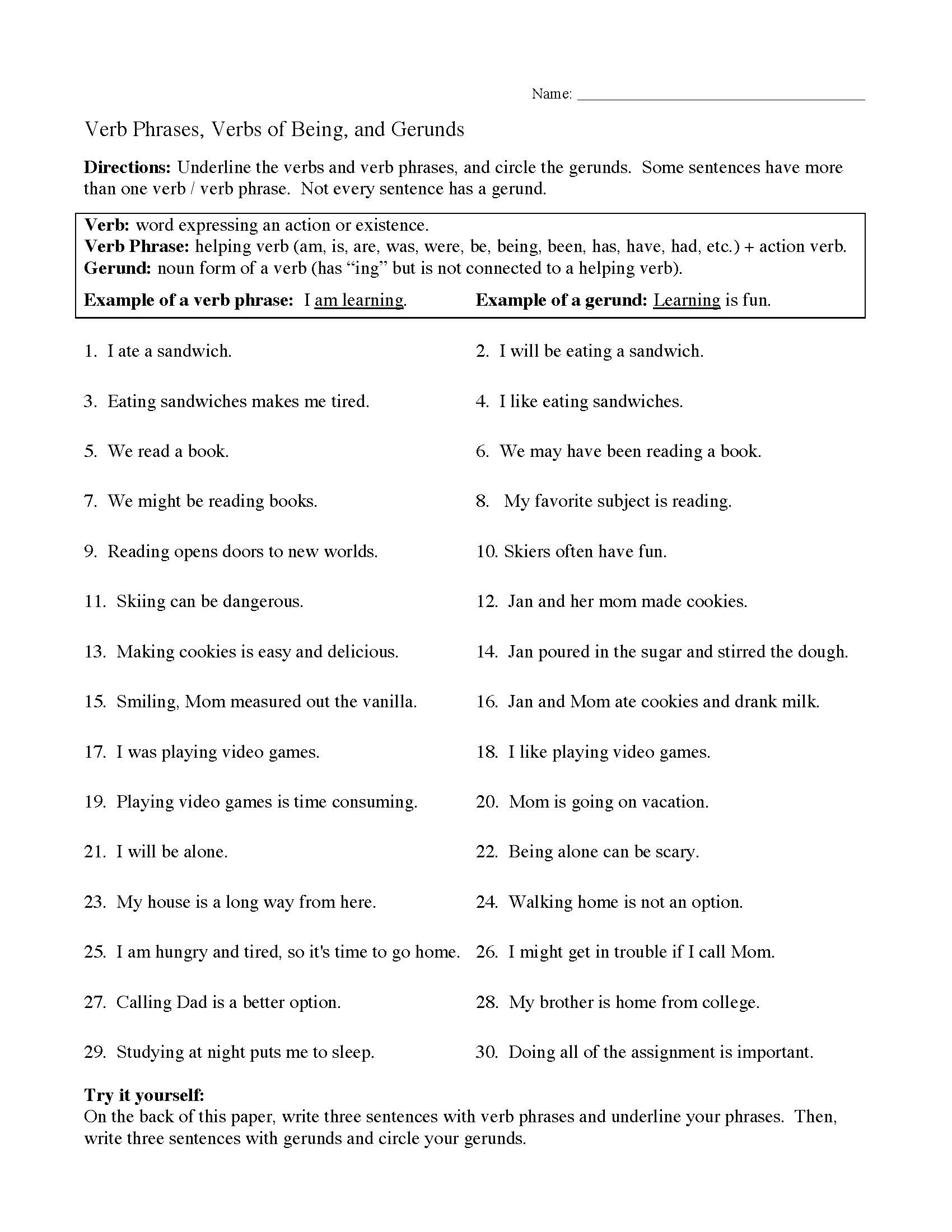 This is a preview image of the Verbs, Verbs of Being, and Gerunds Worksheet .
