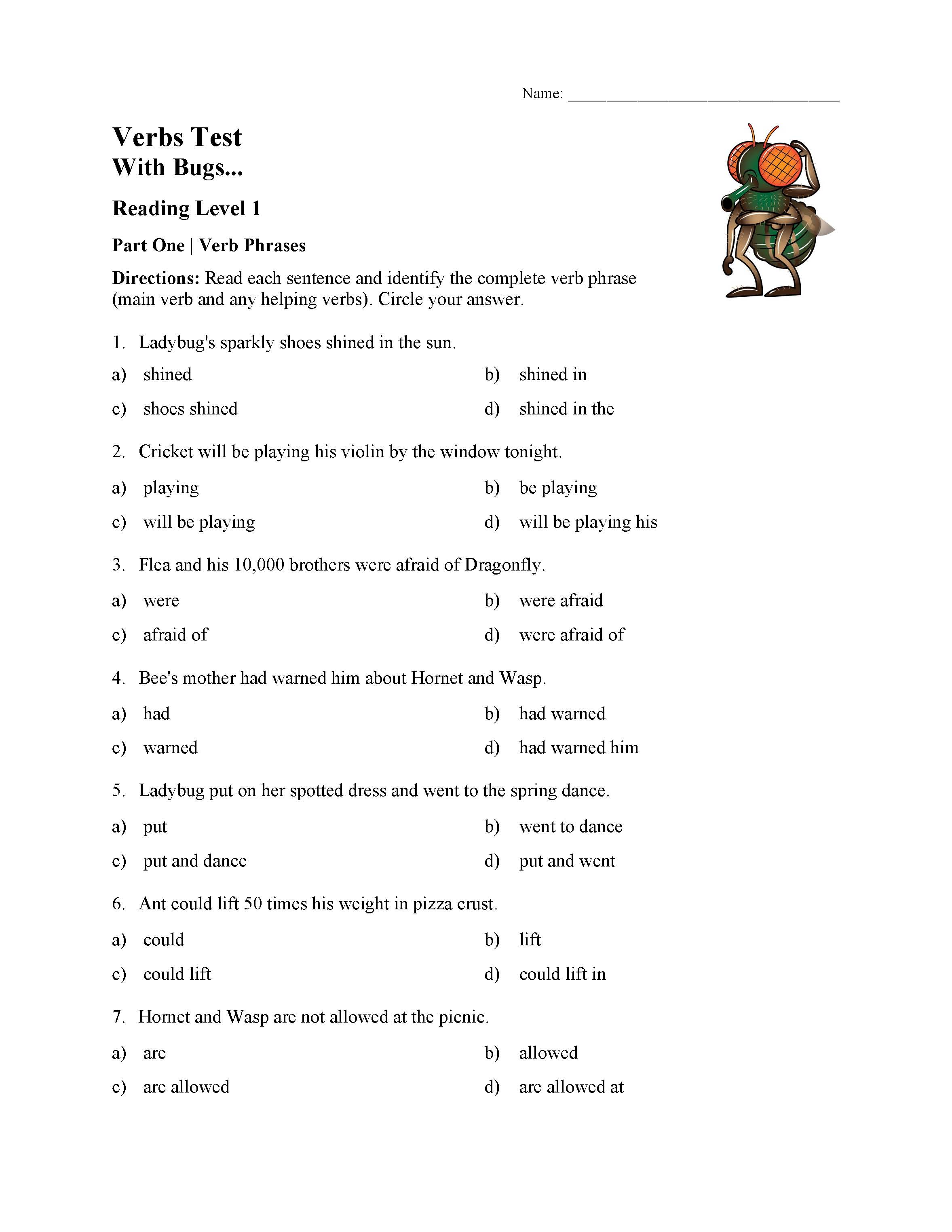 This is a preview image of the Verbs Test - With Bugs | Reading Level 1.