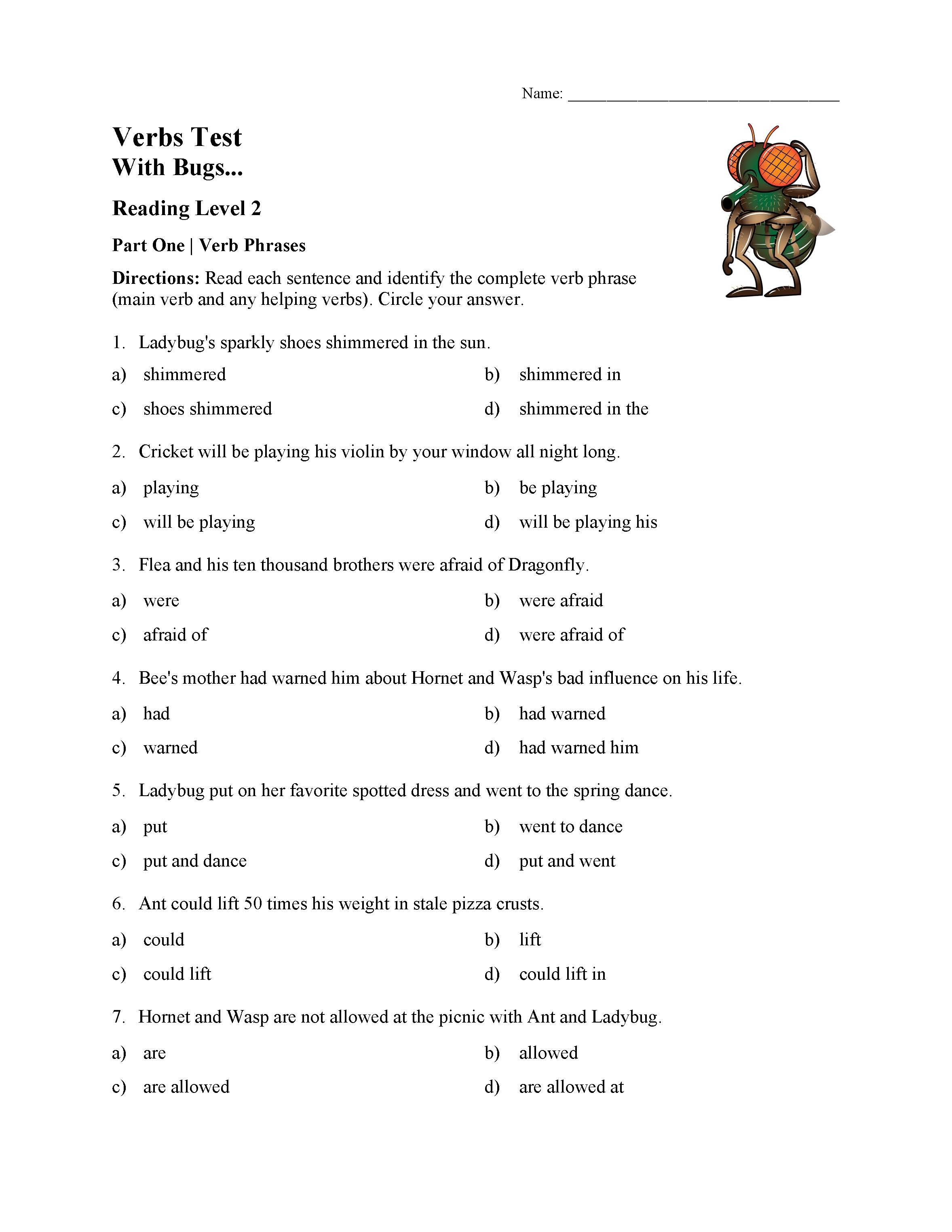 This is a preview image of the Verbs Test - With Bugs | Reading Level 2.