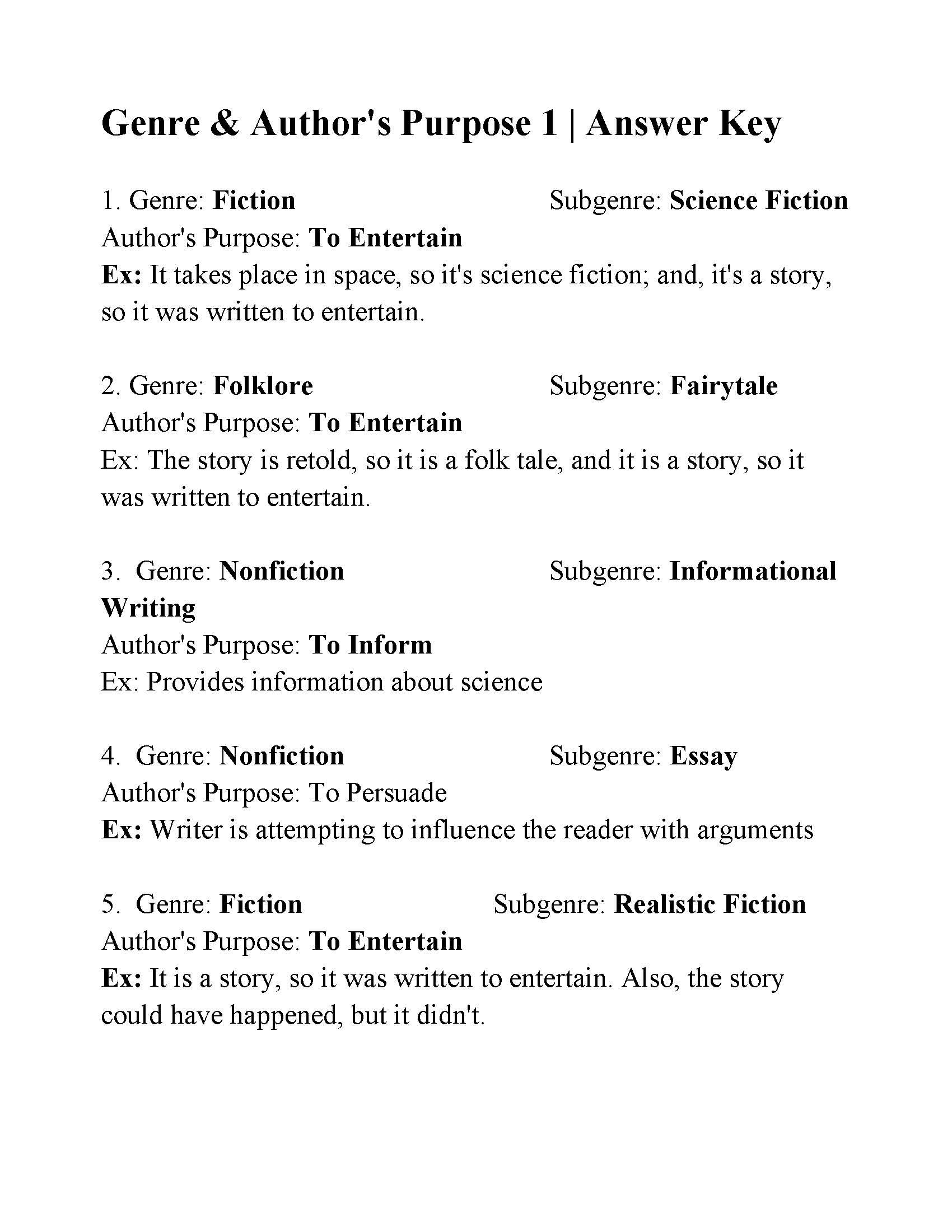 Genre Worksheet 1 Answer Key