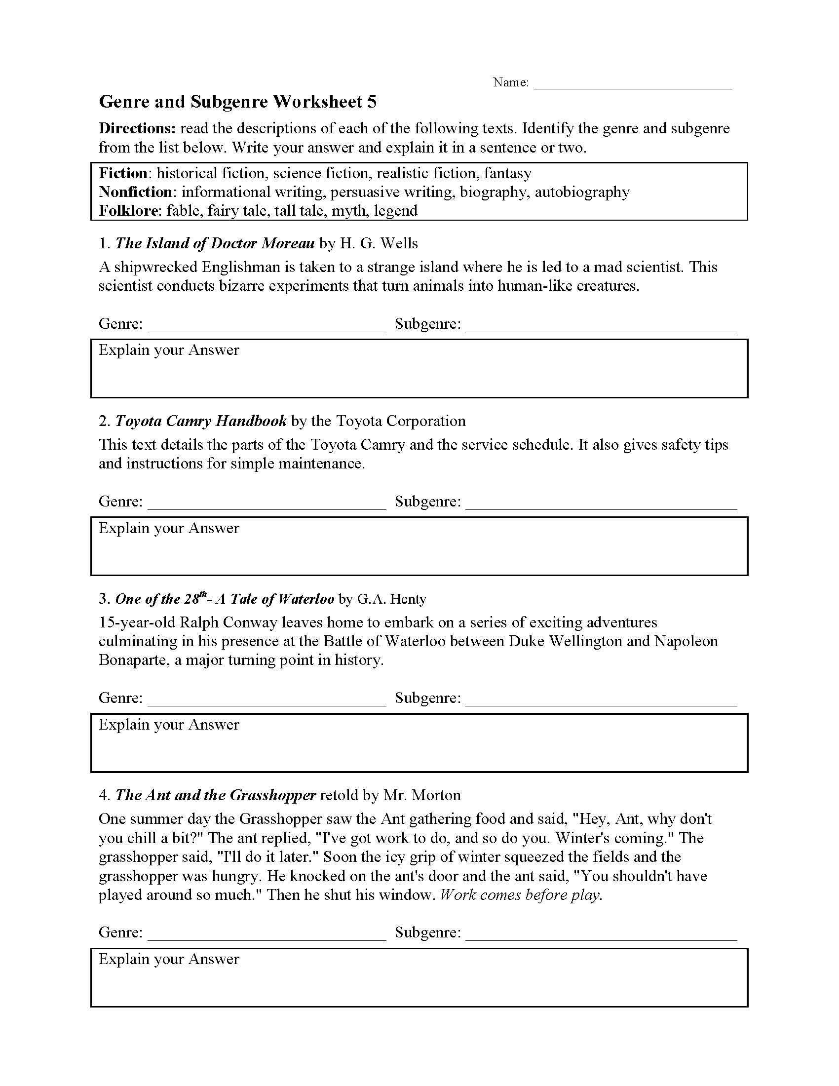 identifying-genre-worksheets