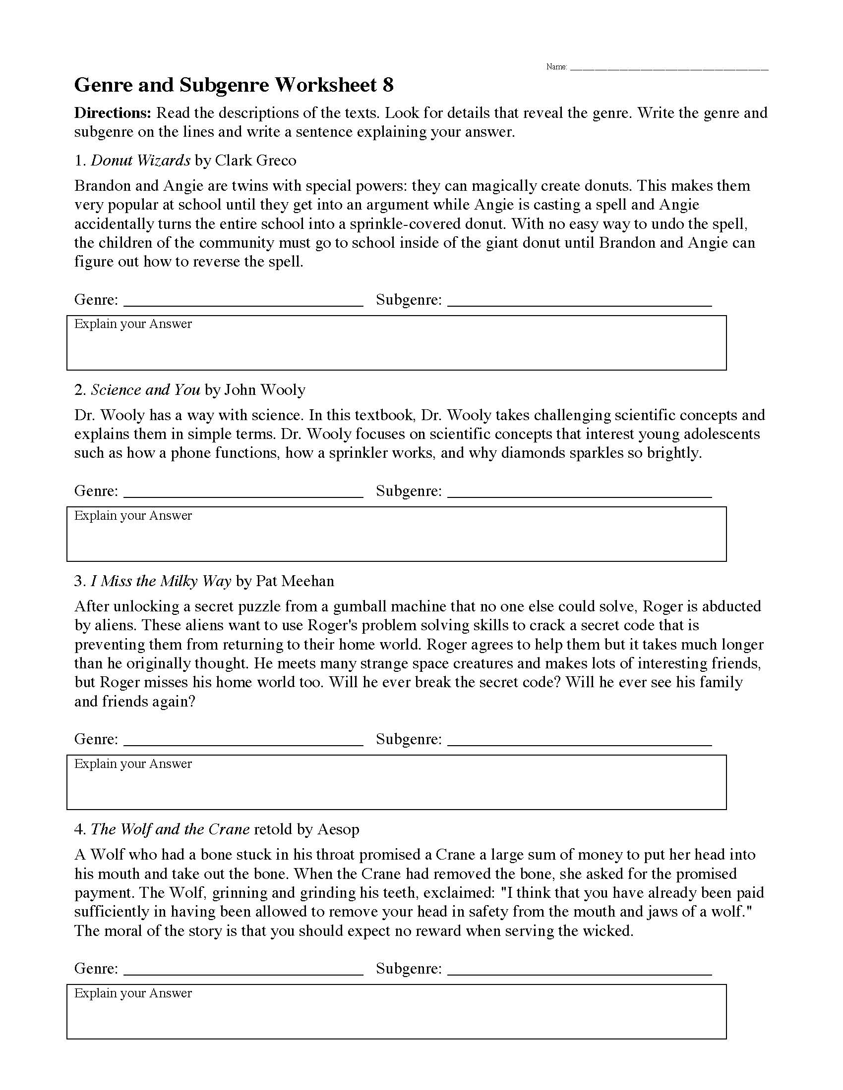 This is a preview image of Genre Worksheet 8. Click on it to enlarge it or view the source file.