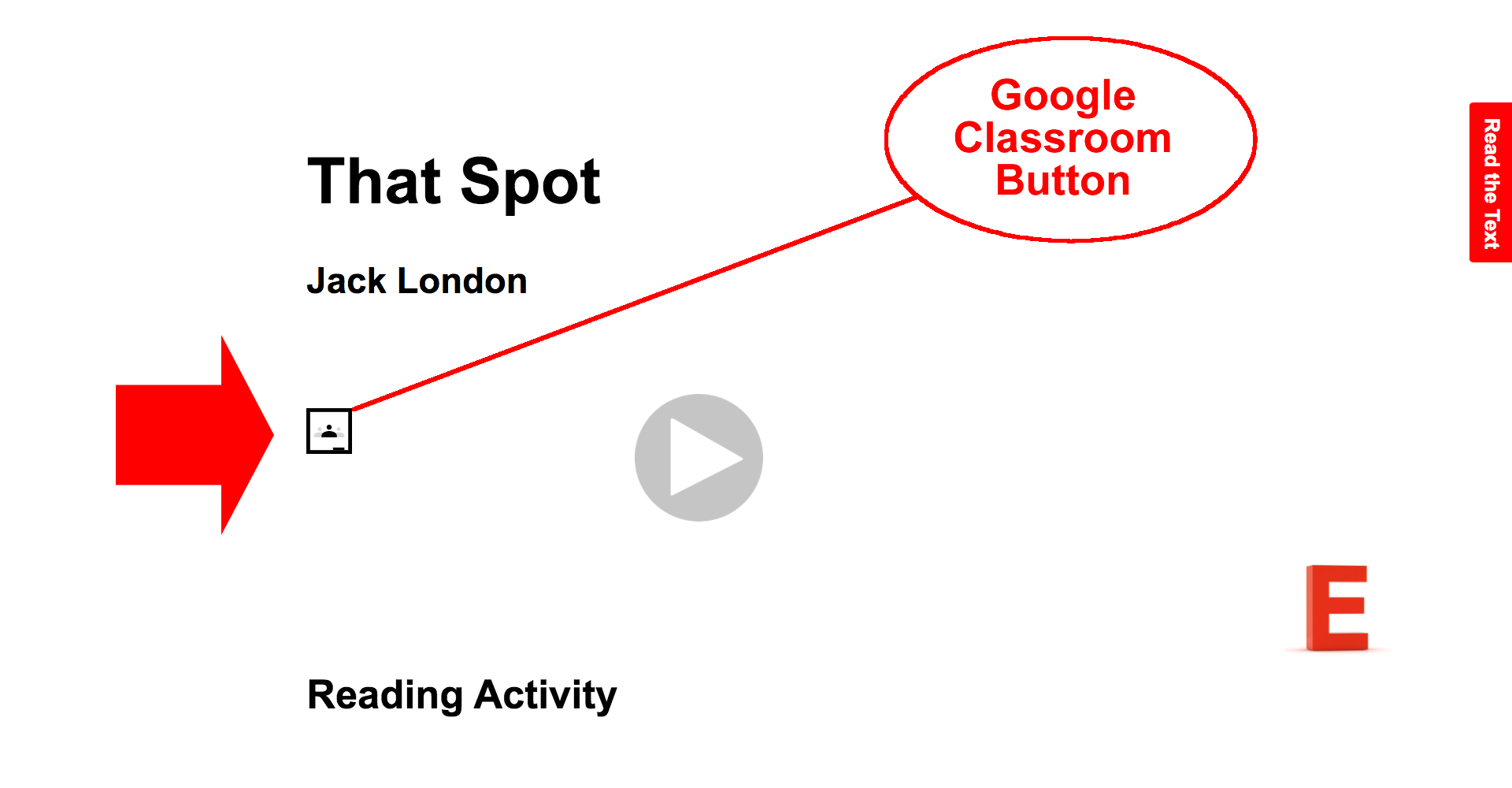 This is a screen shot showing the location of the Google Classroom button on an Ereading Worksheet