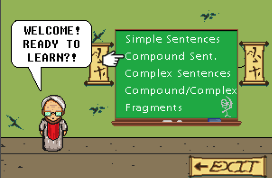 This is a screenshot of Super Grammar Ninja. The player is in a school learning about sentence structure.