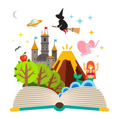 This is an illustration of an open book with classic character types from many different genres flying out of the book. There is a witch, a pink elephant, a mermaid, the planet saturn, a castle, a volcano, and an enchanted forest.