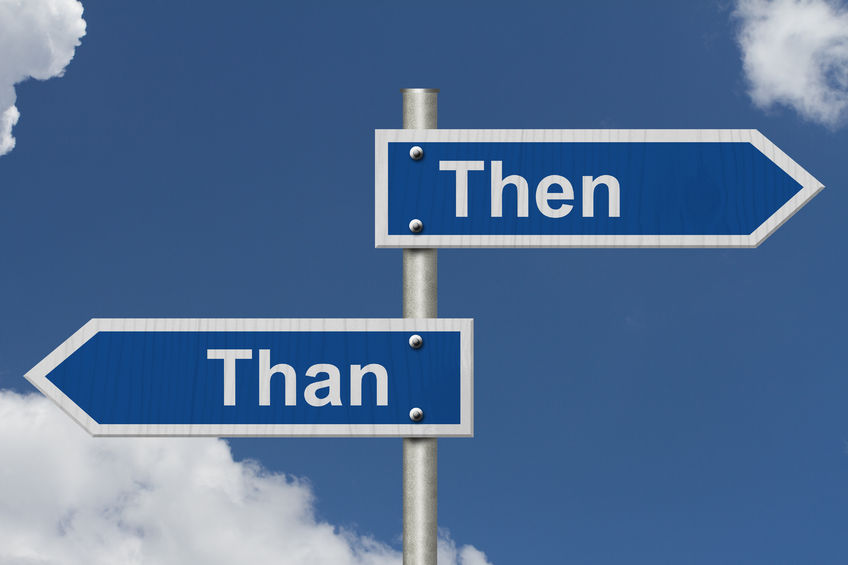 This is a picture of two street signs. One has the word than and the other has the word then. This picture shows that the reader has to make a choice when selecting from homophone pairs and that this choice will send your readers in different directions.