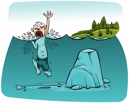 This is an illustration of a man drowning in the water. He is a mere step away from a tall rock that would save his life. Since the audience is aware of this, and the man is not, this image is supposed to represent dramatic irony.