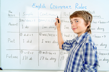 This is a photo of a young man standing in front of a white board. The white board contains a table showing how to conjugate verbs to show different tenses and aspects. The young man is holding a marker and appears confident.