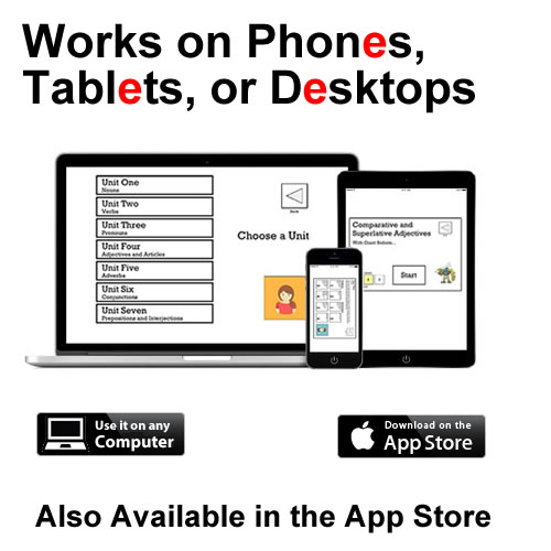 This is an image of my Parts of Speech App running on three different devices: a laptop, a phone, and a tablet.