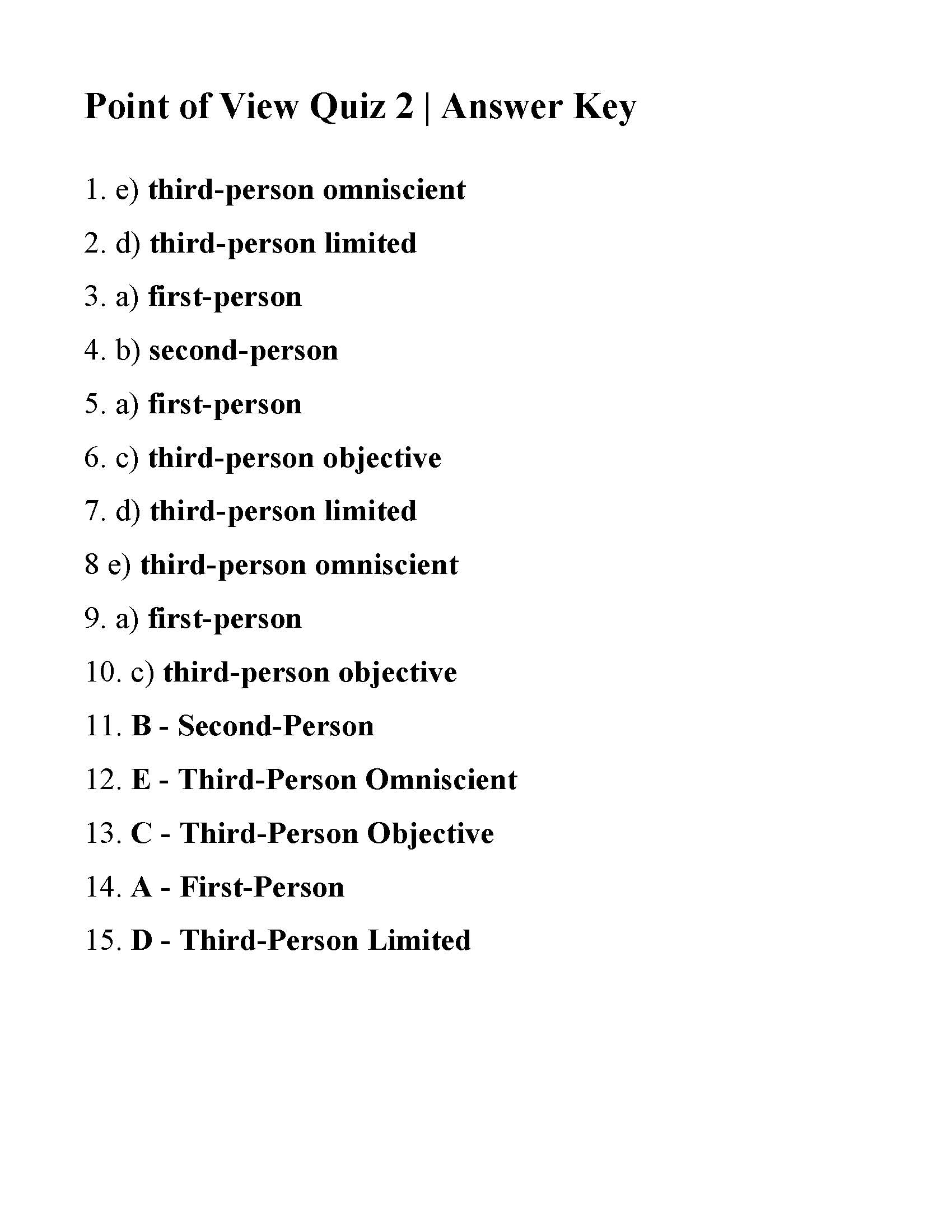 Point Of View Quiz 2 Reading Activity