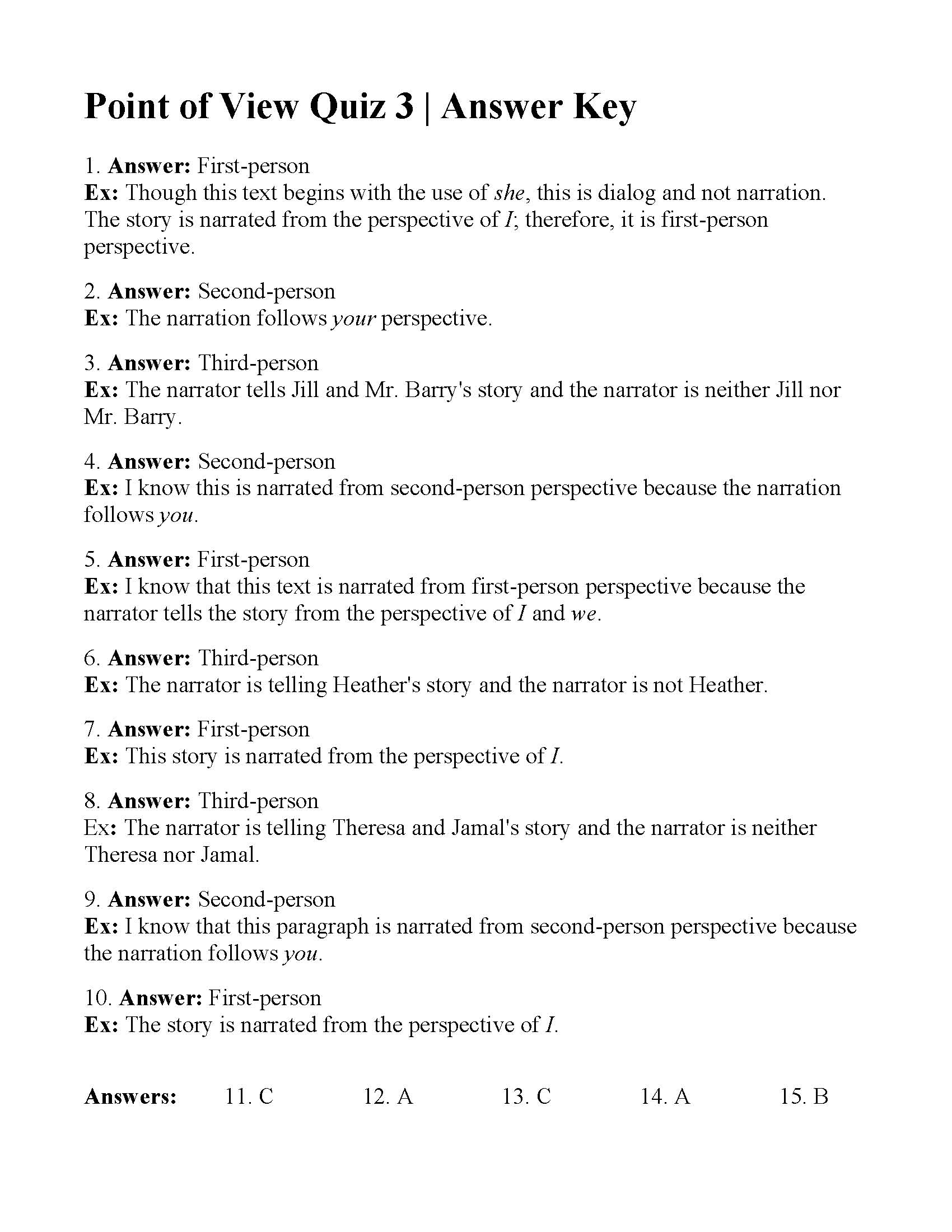 Point Of View Worksheet 11 Answers Promotiontablecovers
