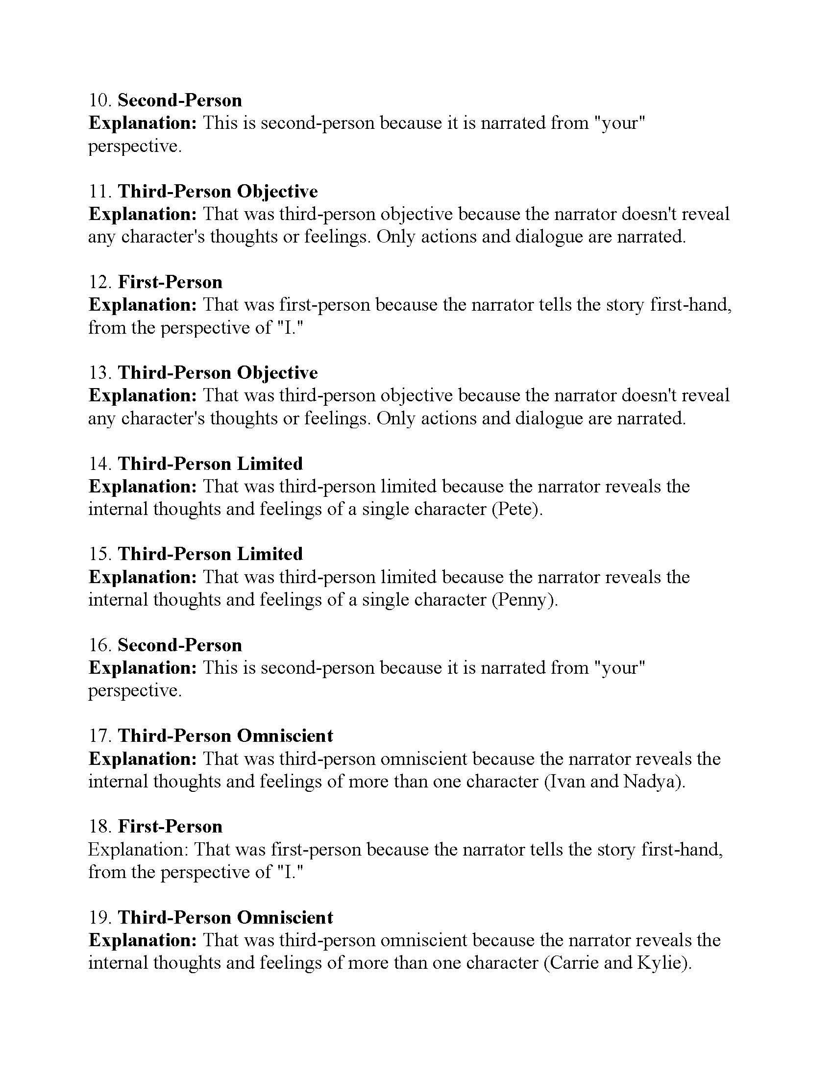 Point of View Worksheet 1 | Answers