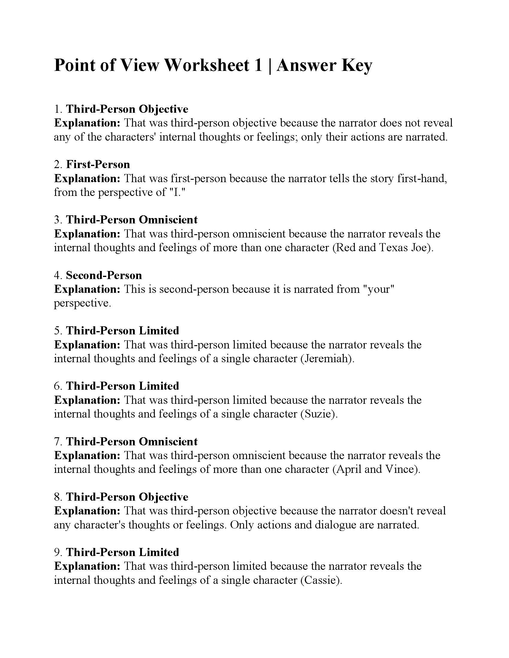 Point of View Worksheet 20  Answers Throughout Point Of View Worksheet 11