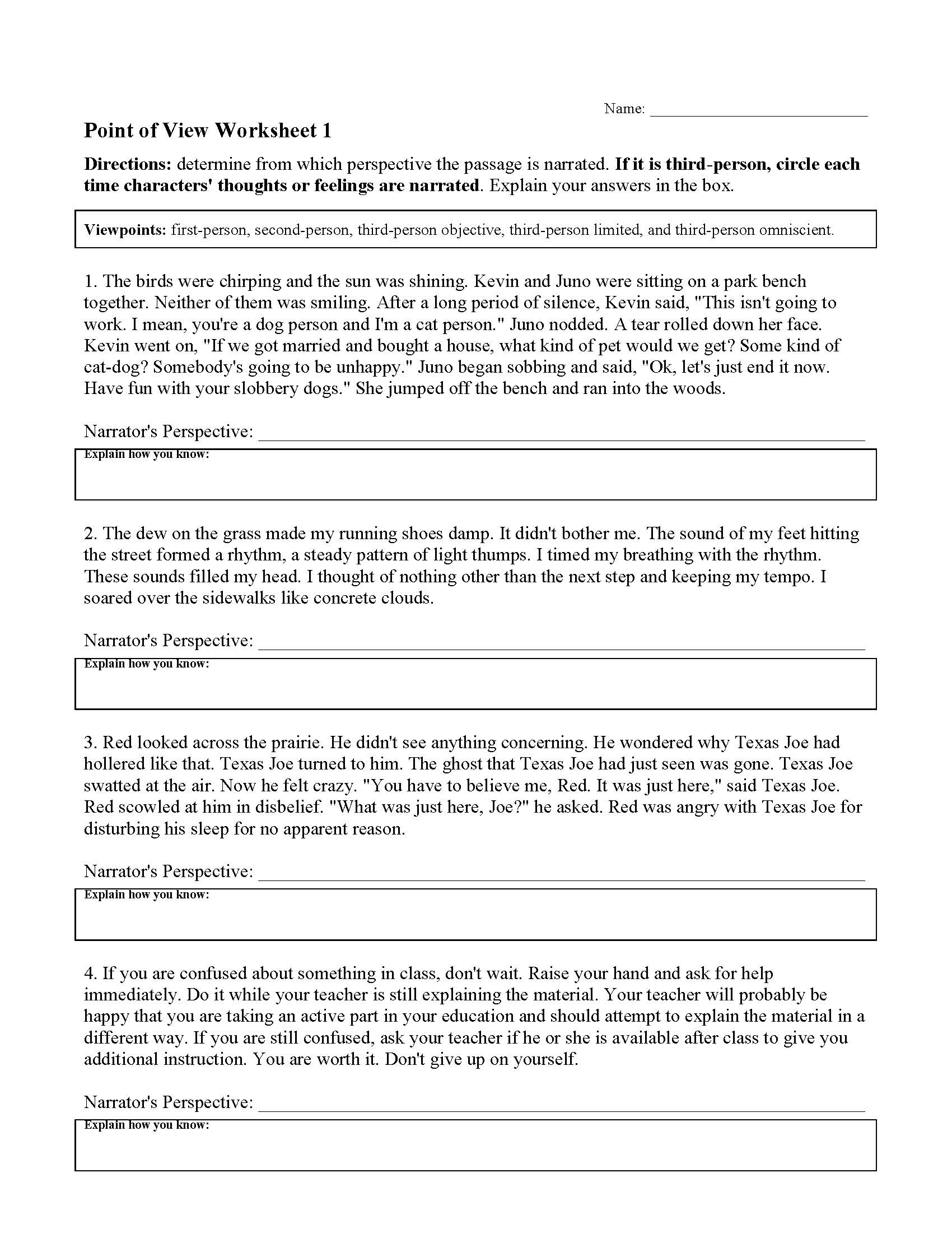 Point Of View Worksheet 1 Answer Key