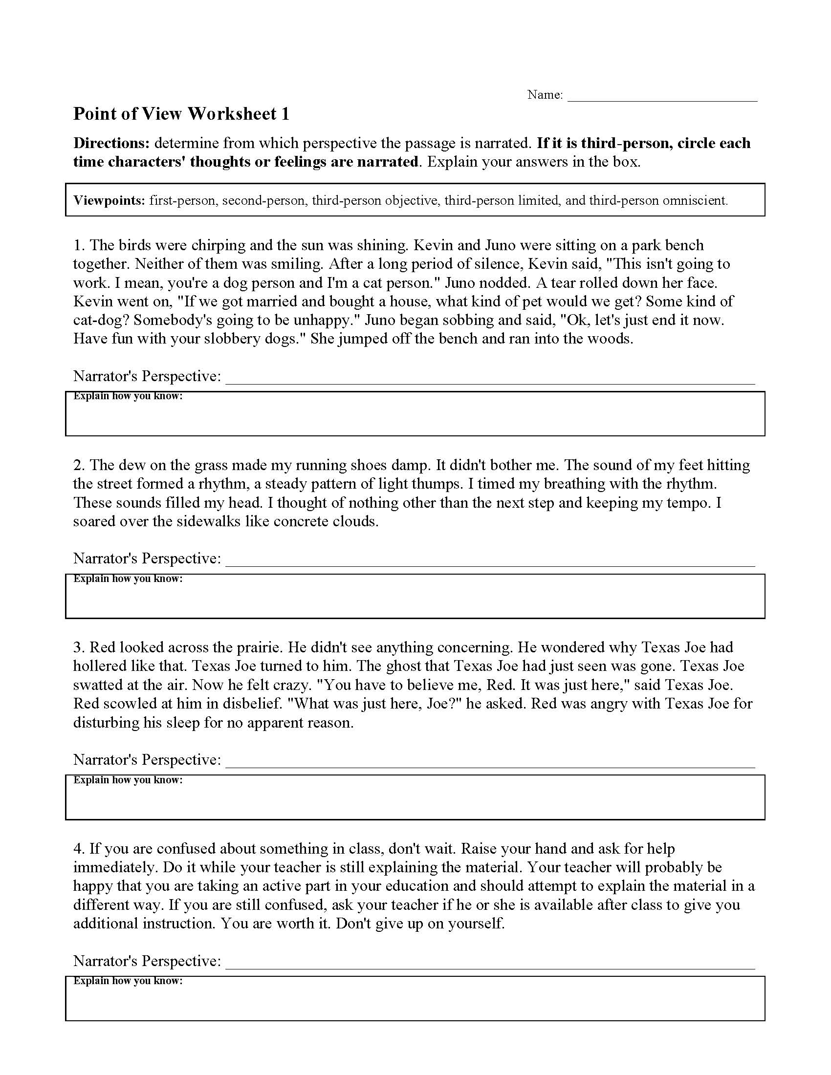 Point of View Worksheets | Reading Activities
