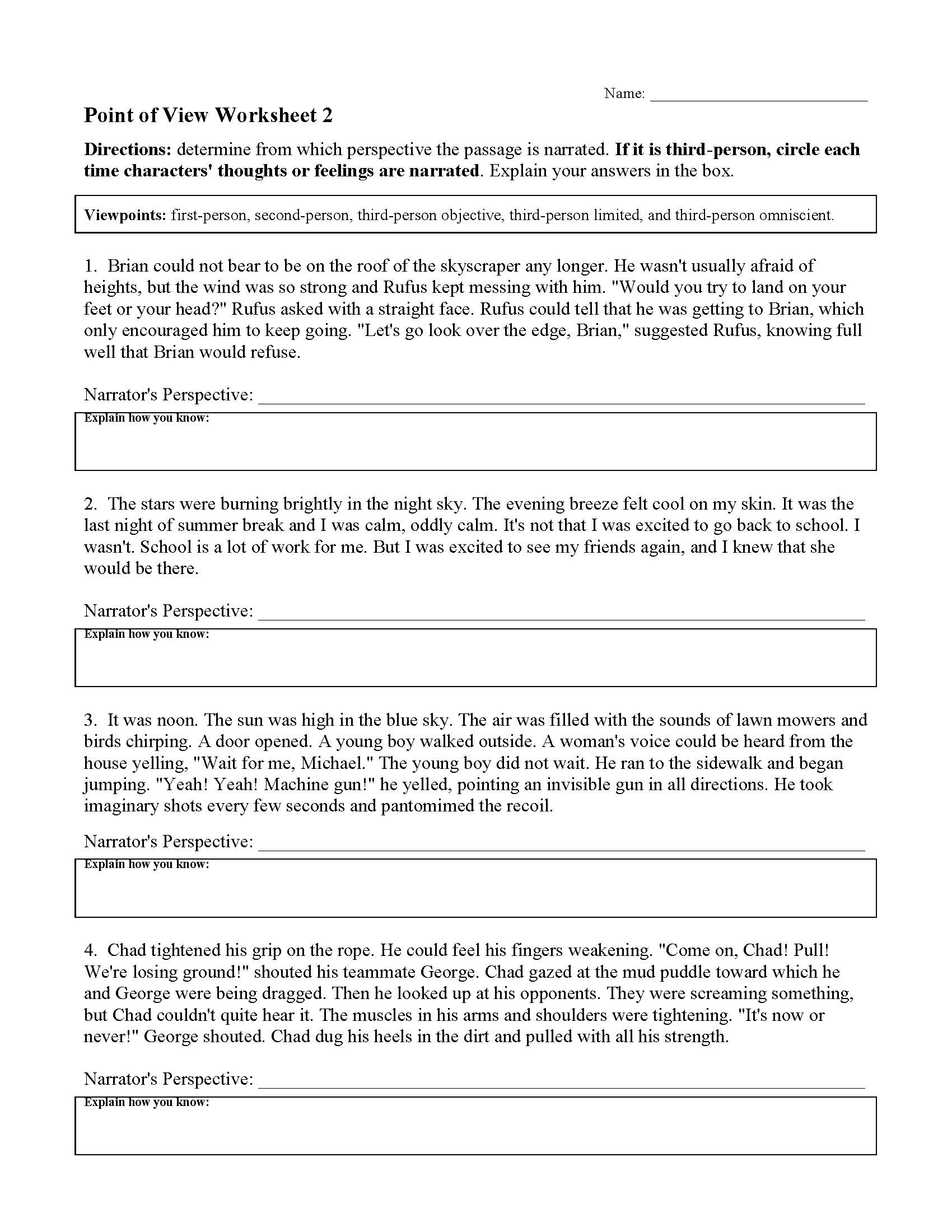 Point of View Worksheet 2 | Reading Activity