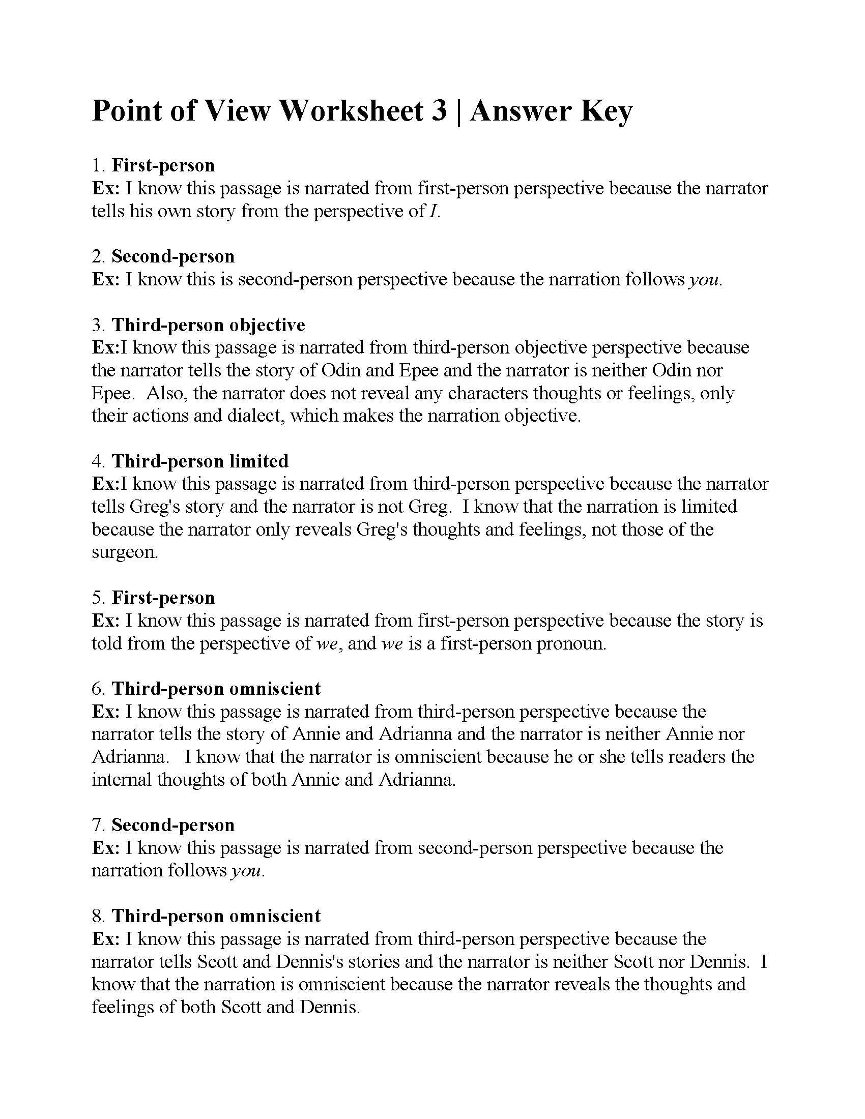 Point of View Worksheet 3 | Answers