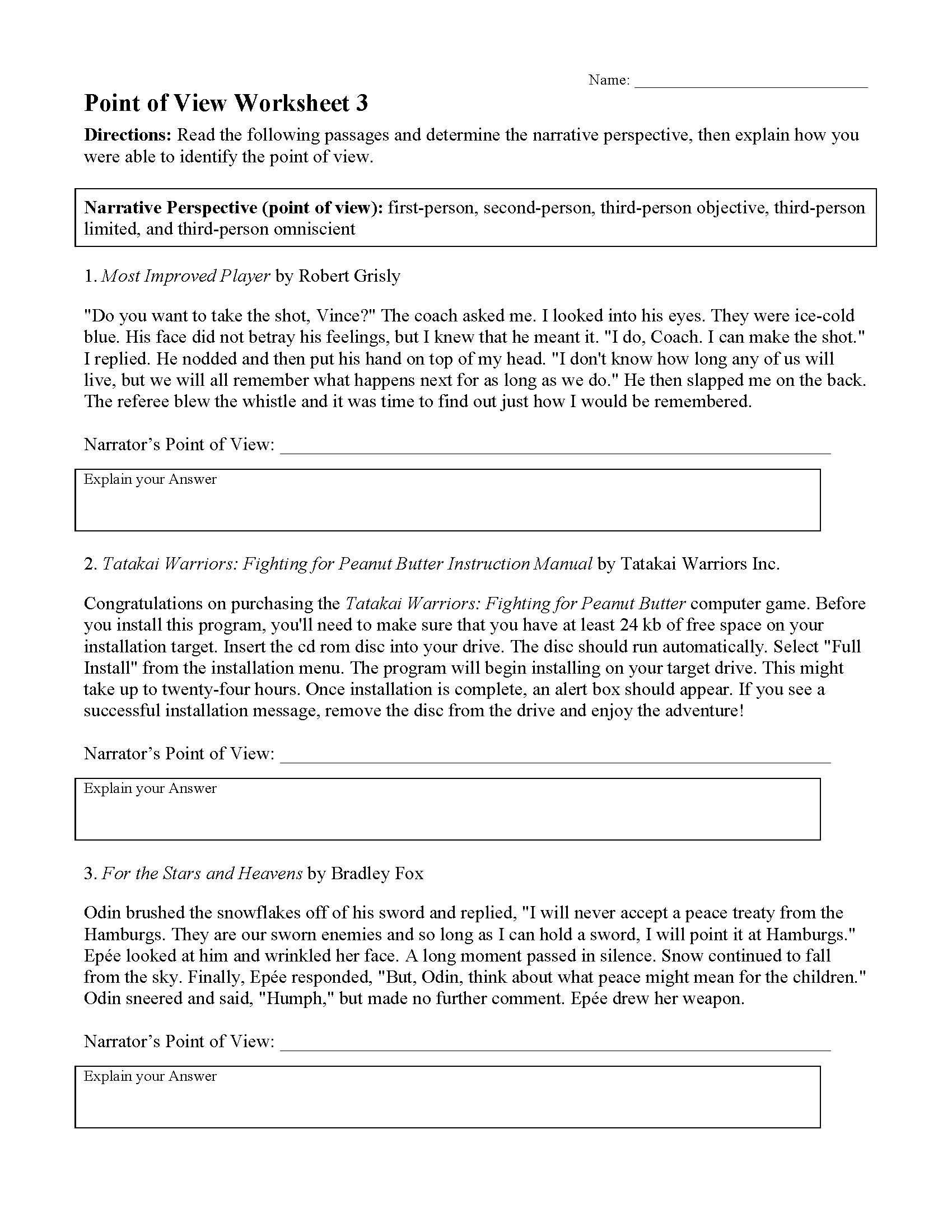 Point Of View Worksheet 3 Preview