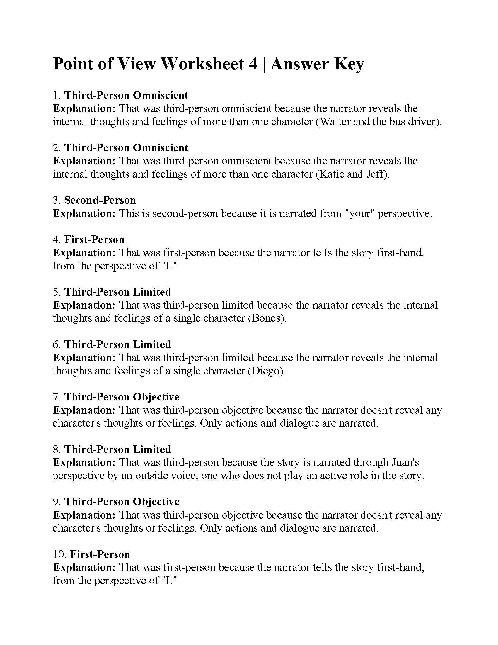 Point Of View Worksheet 4 Answers